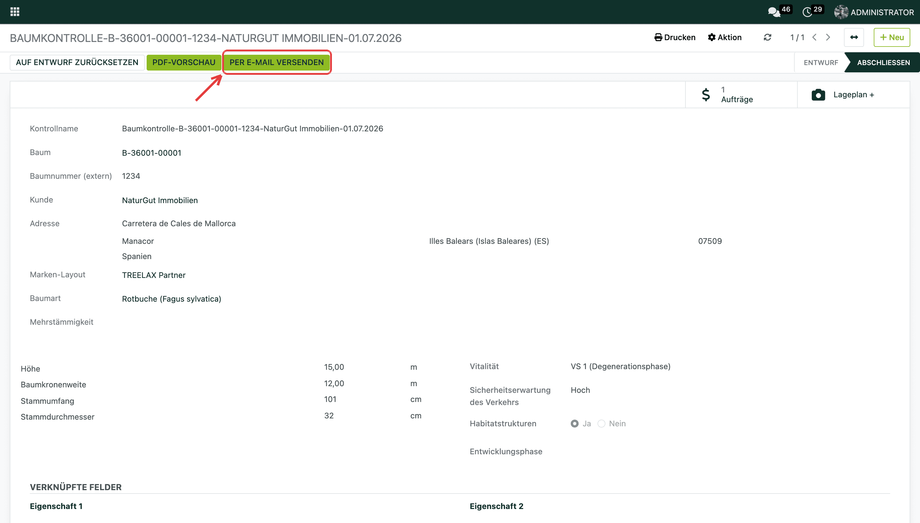 „Per E-Mail versenden“ sitzt oben im Kopfbereich des Kontrolldokuments.