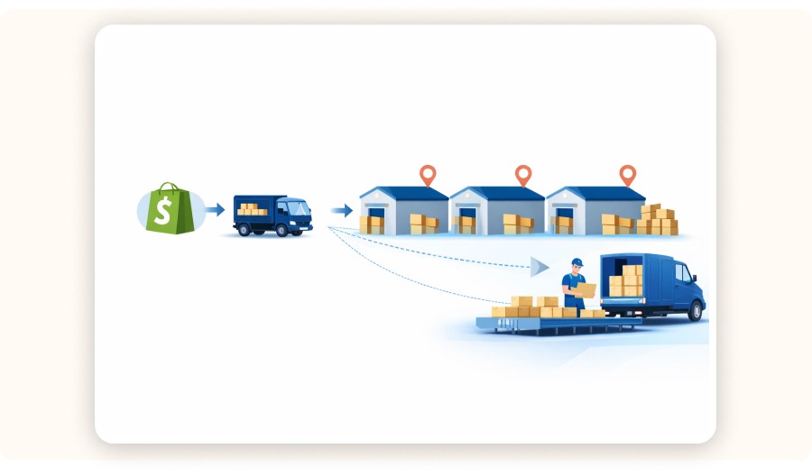 Illustration of e-commerce logistics with truck, warehouses, packages, and delivery process