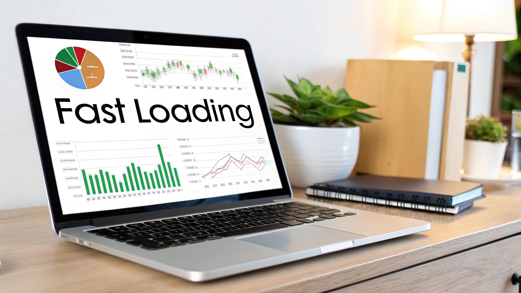 Laptop screen displaying 'Fast Loading' text, pie chart, bar graph, and line graph on a wooden desk.