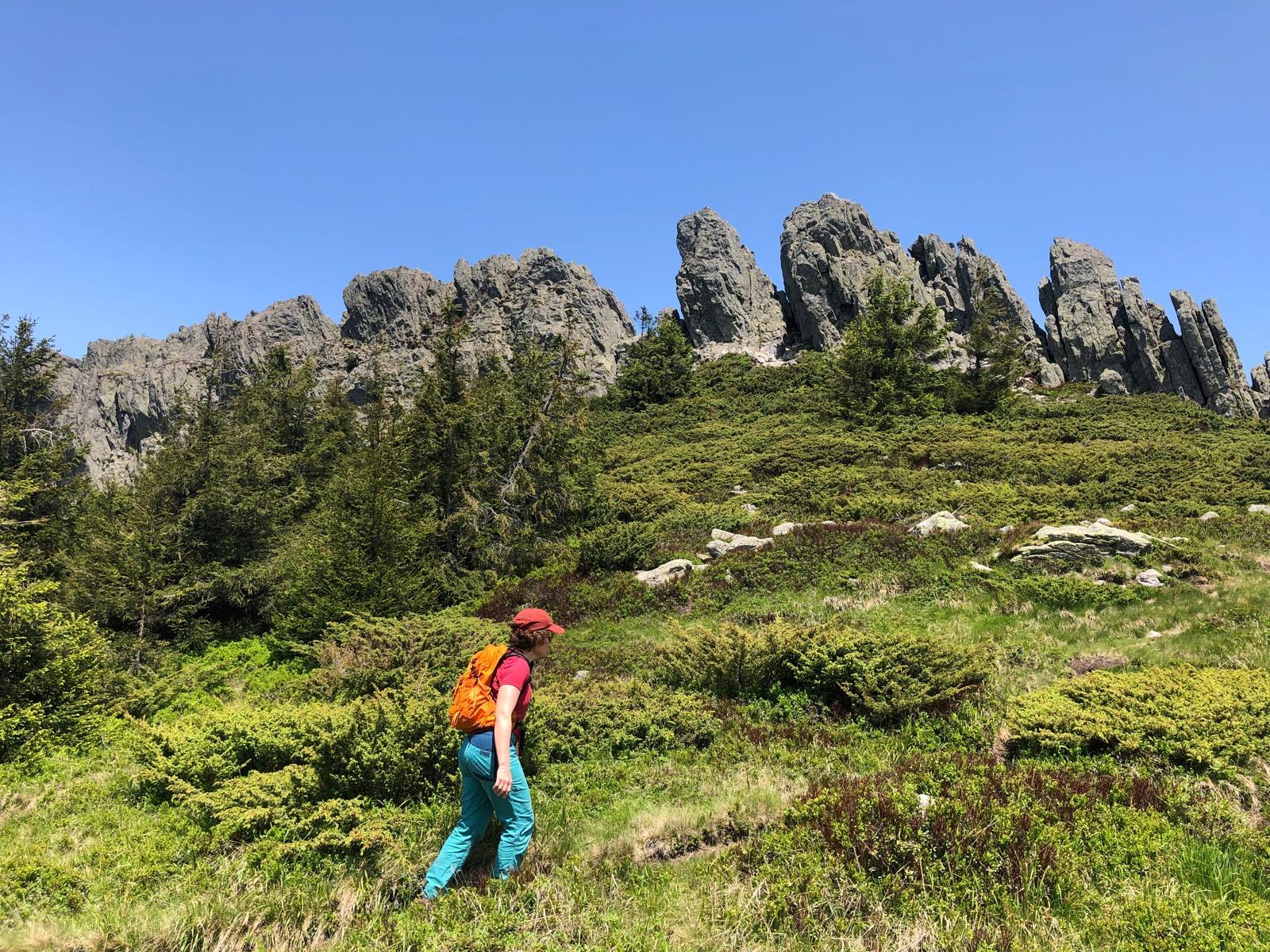 A hiker with a backpack walking through green shrubland below a rocky mountain ridge.