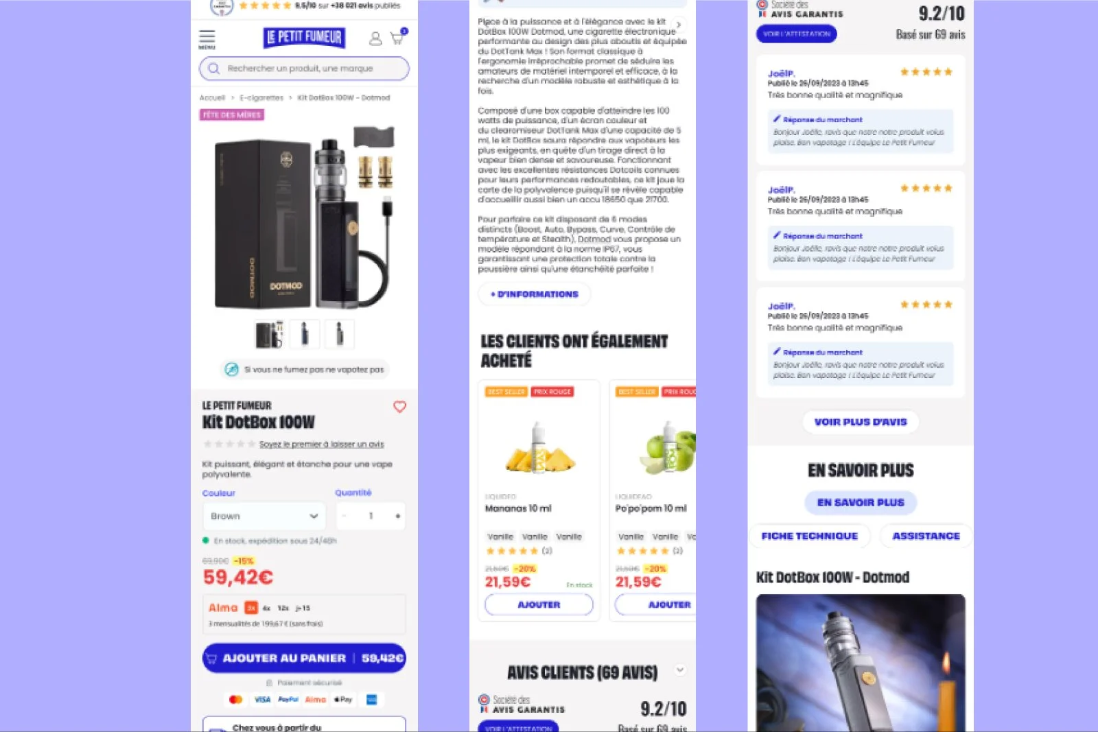 Refonte mobile de la fiche produit Le Petit Fumeur avec galerie, description, avis certifiés et fiche technique