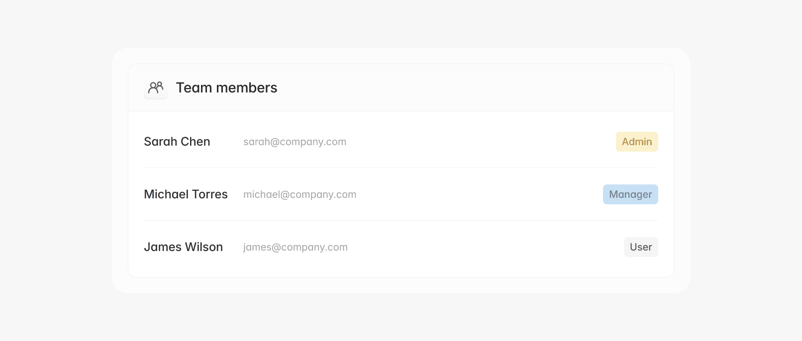 Team members list with Sarah, Michael, and James, showing their email addresses and status.