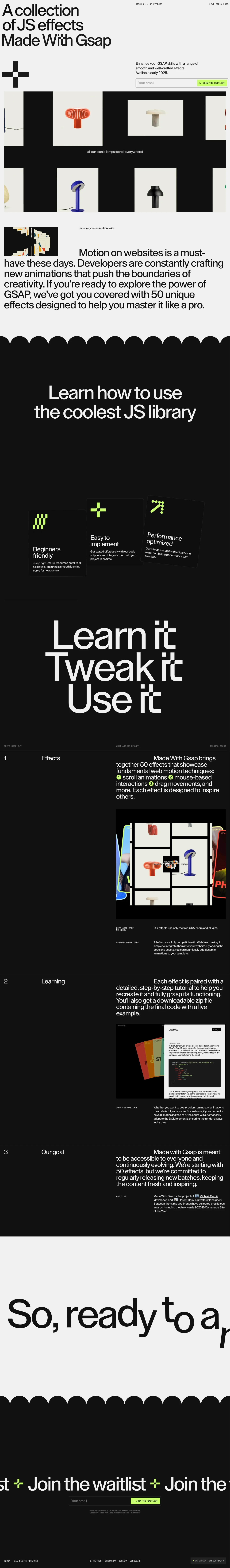 Made With Gsap landing page screenshot showcasing Tech design
