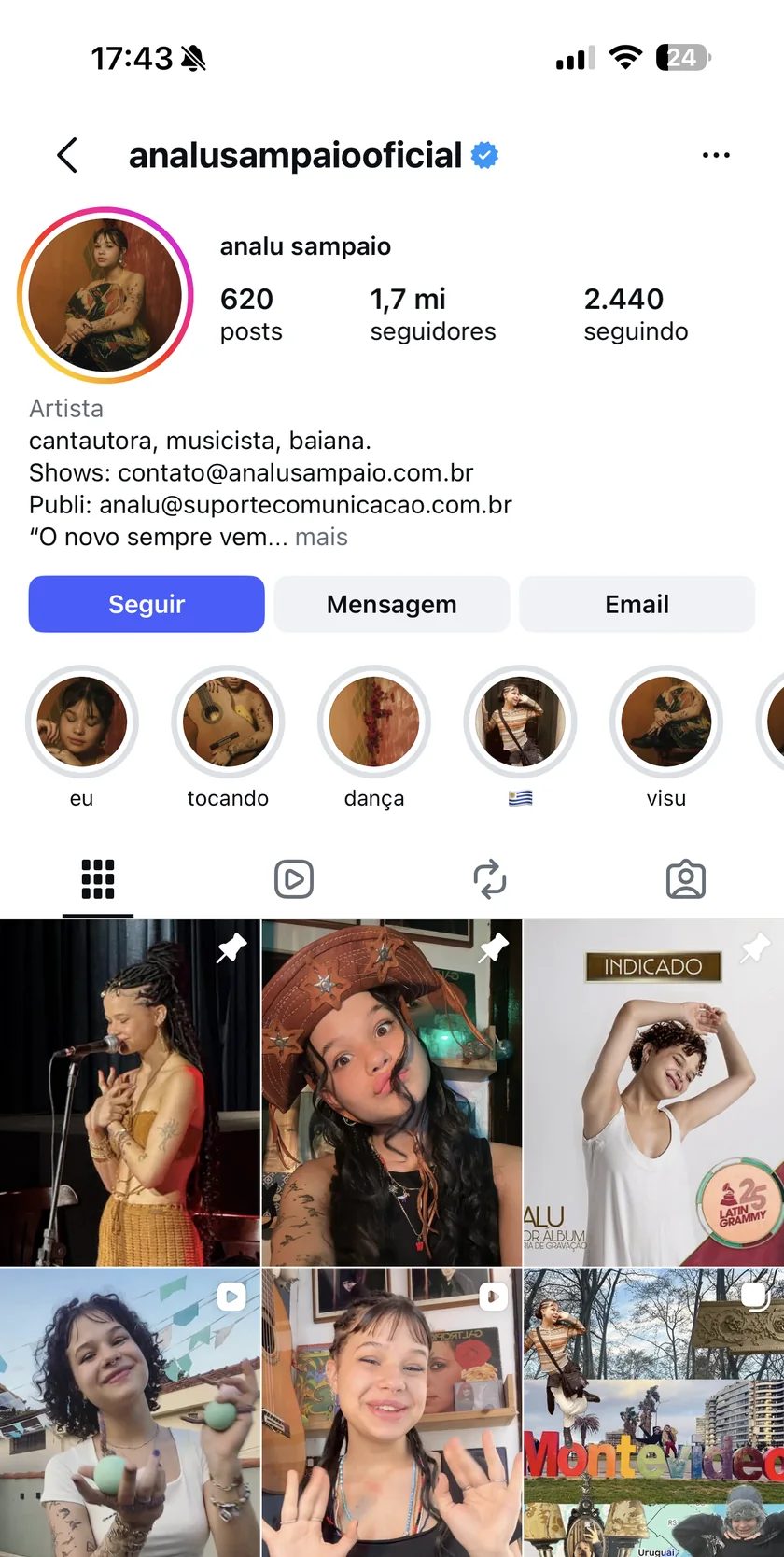 Perfil de Analu Sampaio no Instagram