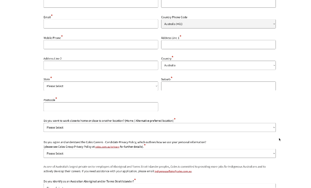 Job application form asking whether the applicant identifies as Aboriginal and/or Torres Strait Islander