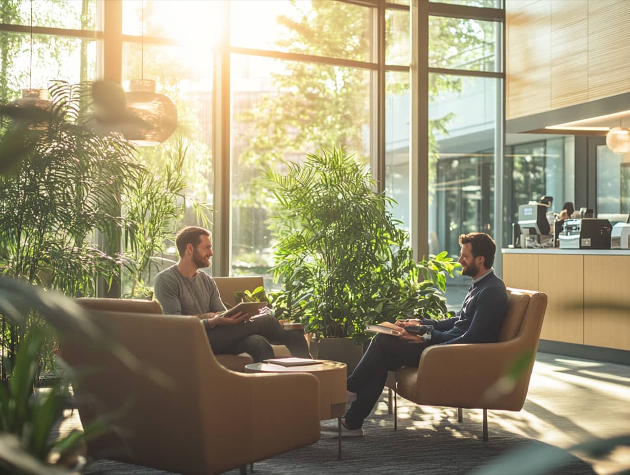 Two men engage in a productive conversation in a sunlit, plant-filled office space, highlighting the importance of a sleep-friendly work environment. Their relaxed demeanor reflects a workplace culture that values employee well-being, which is essential for enhancing sleep health and overall productivity.