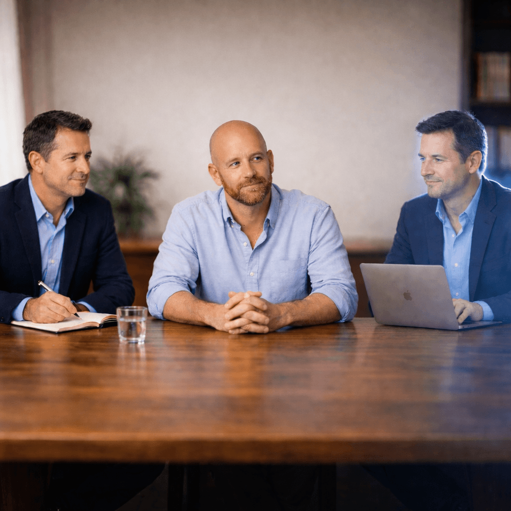A C-level executive seated between two trusted advisors in conversation across a meeting table. One is real and one is digital.