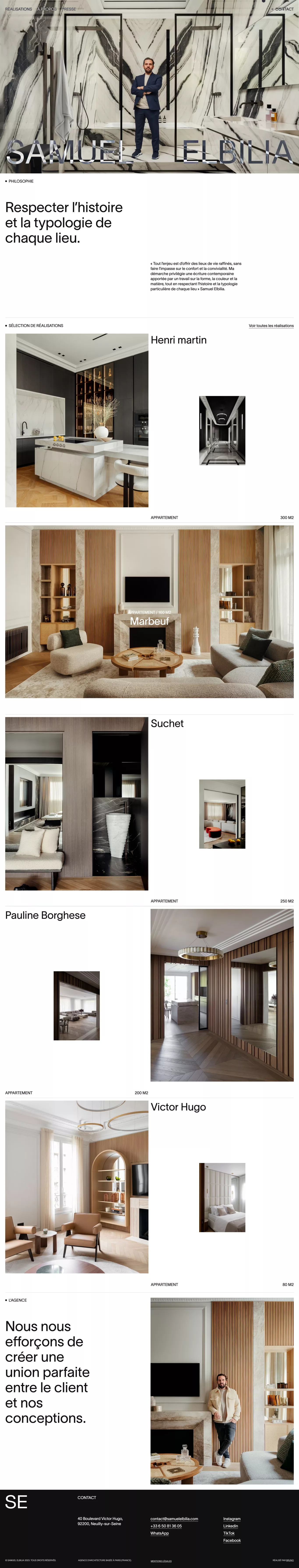 Samuel Elbilia portfolio page screenshot showcasing Design and Furniture & Interiors design