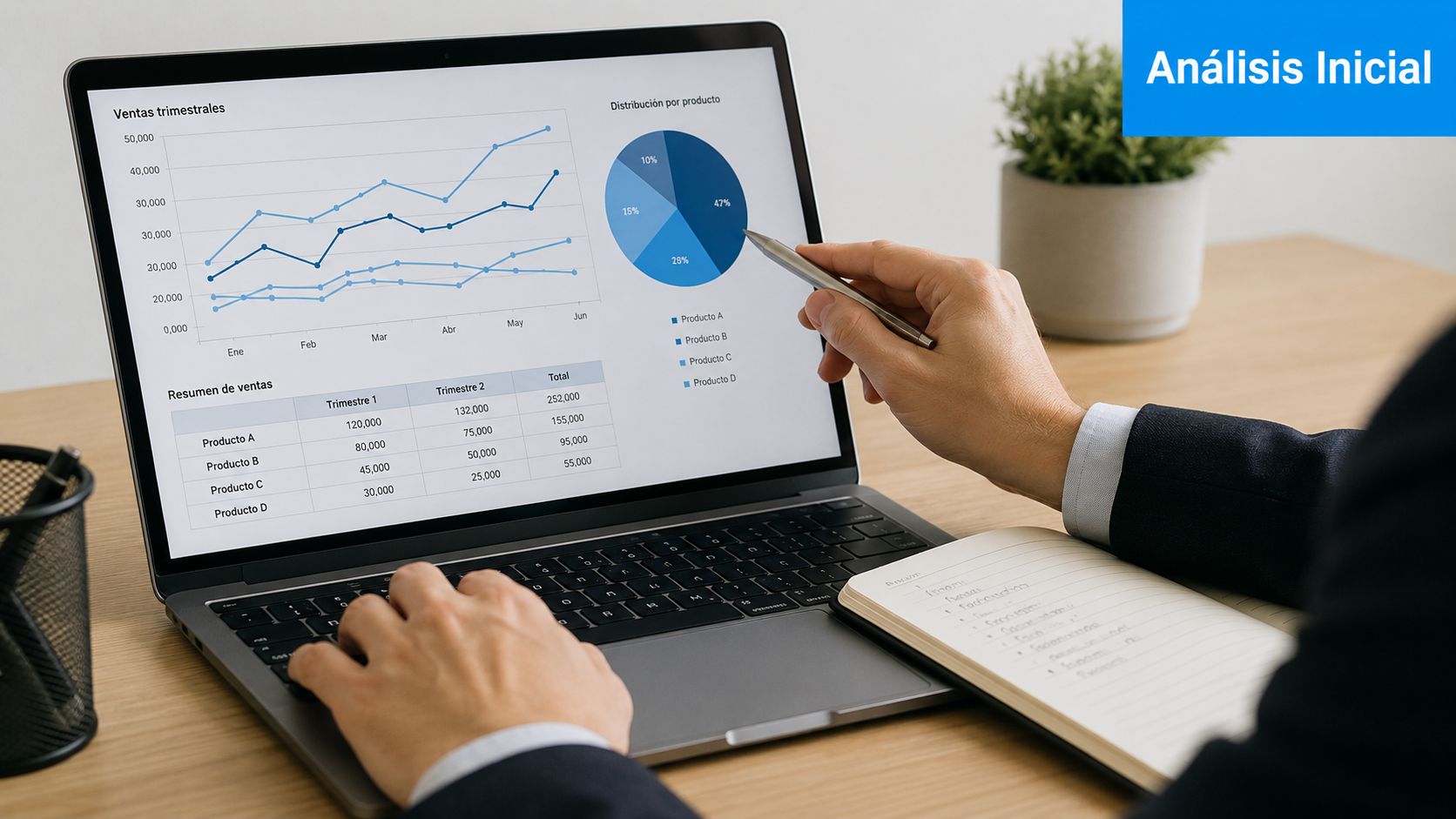 Una persona analizando gráficas de ventas trimestrales y distribución por producto en una pantalla de computadora portátil.