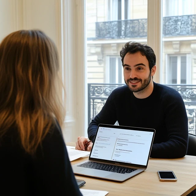 Rencontre professionnelle entre deux personnes dans un bureau parisien lumineux, avec un ordinateur affichant une interface soignée.