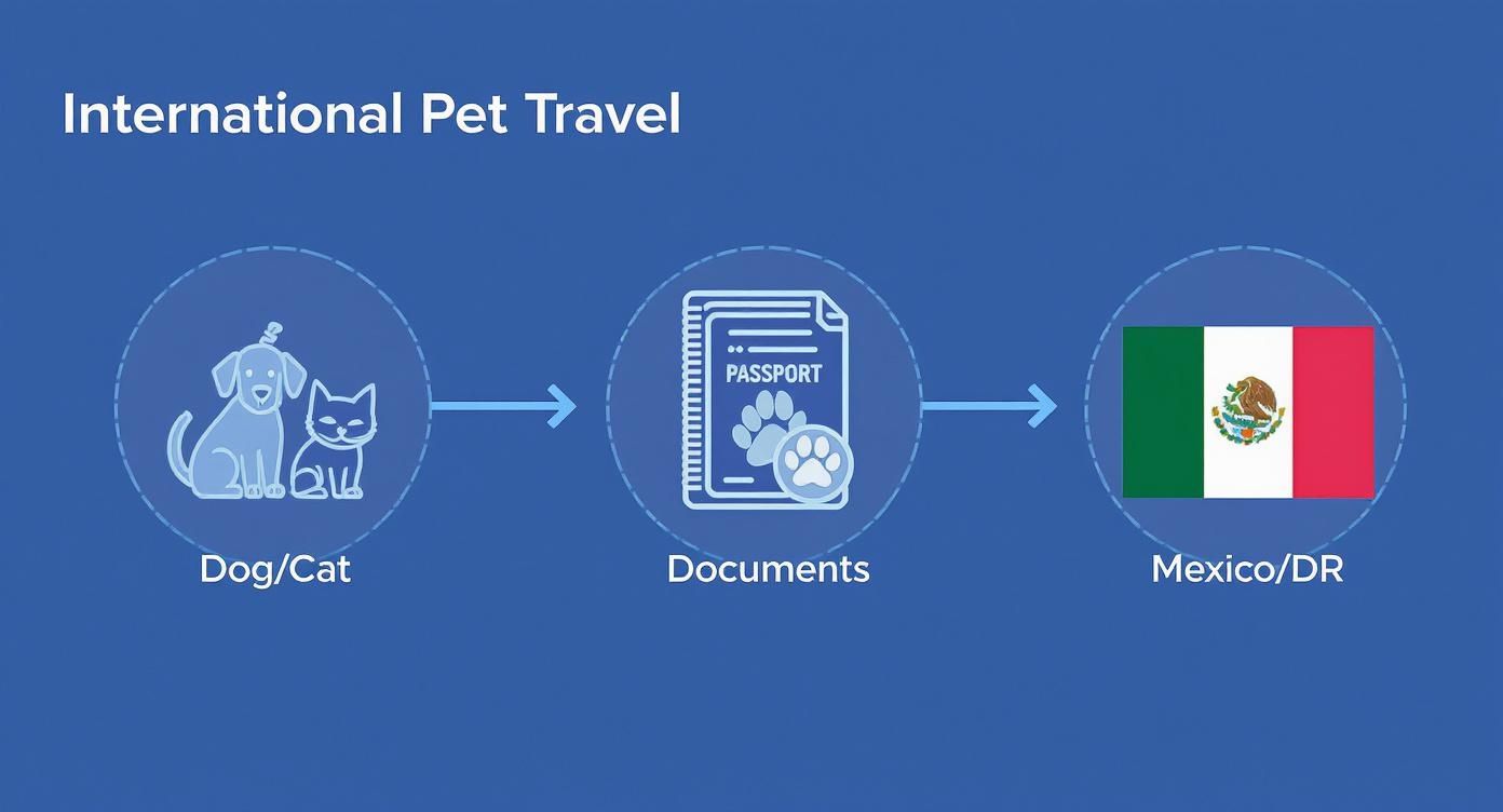 A visual guide outlining the process for international pet travel, showing dog and cat icons, documents, and the Mexico flag, representing travel to Mexico or DR.