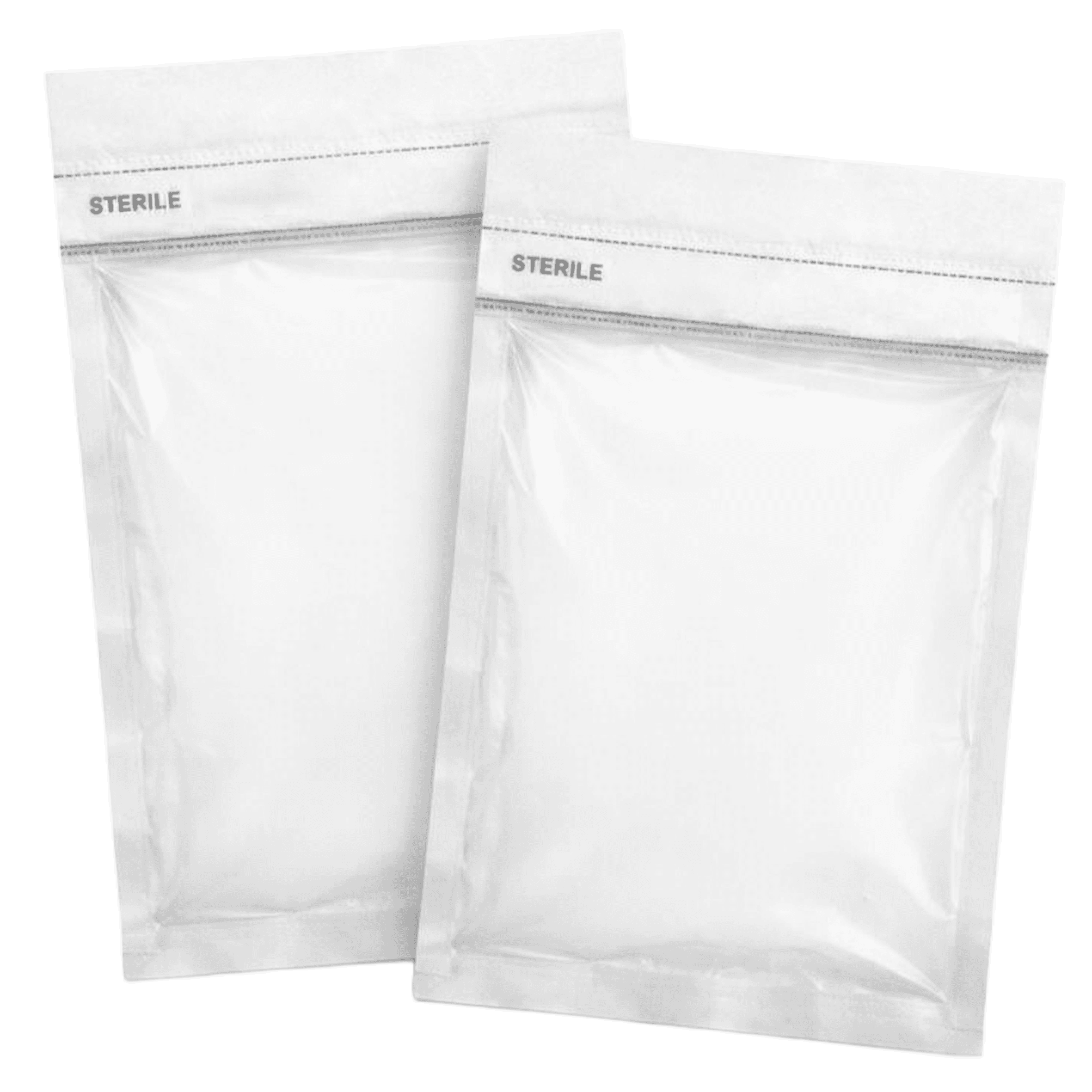 Zwei sterile, leere Beutel für medizinische Anwendungen. Keimfreie Verpackung.