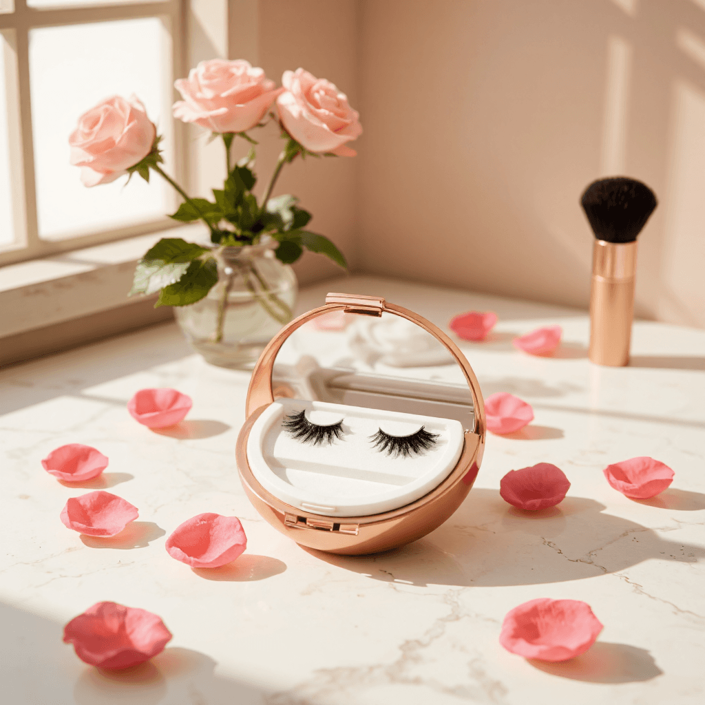 product photography of a compact case of false eyelashes