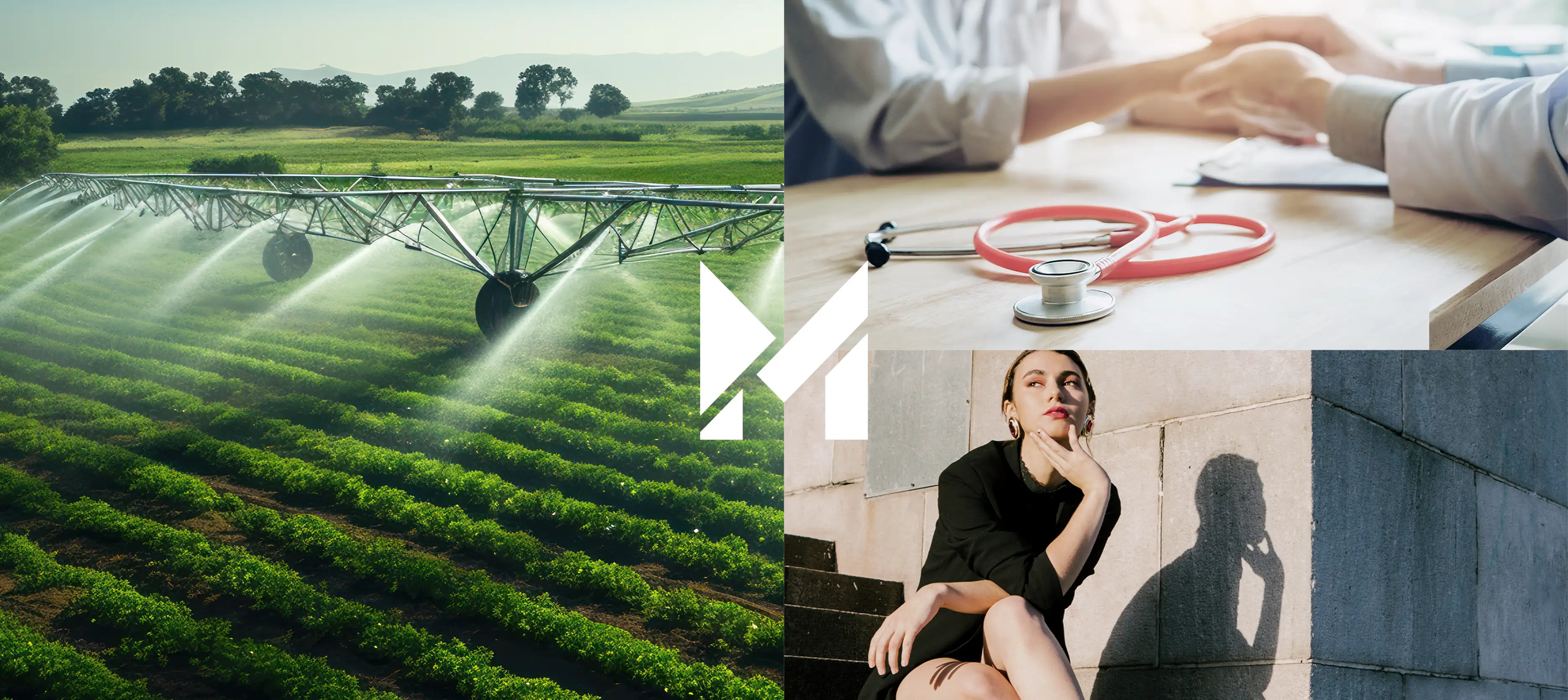 Method Consultants sector collage – agriculture irrigation, fashion, and medical care images representing multifaceted fintech operations by Teatime Studio.