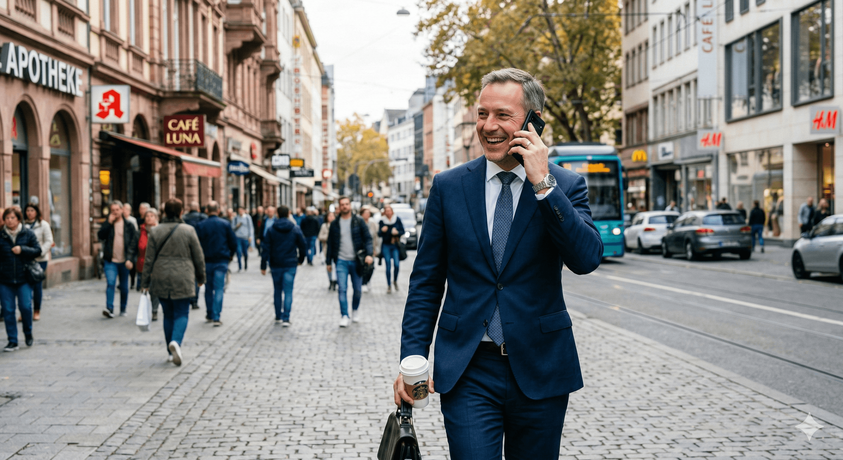 Zufriedener Business-Anwender nutzt Lösungen von goai während eines Telefonats in der Stadt.