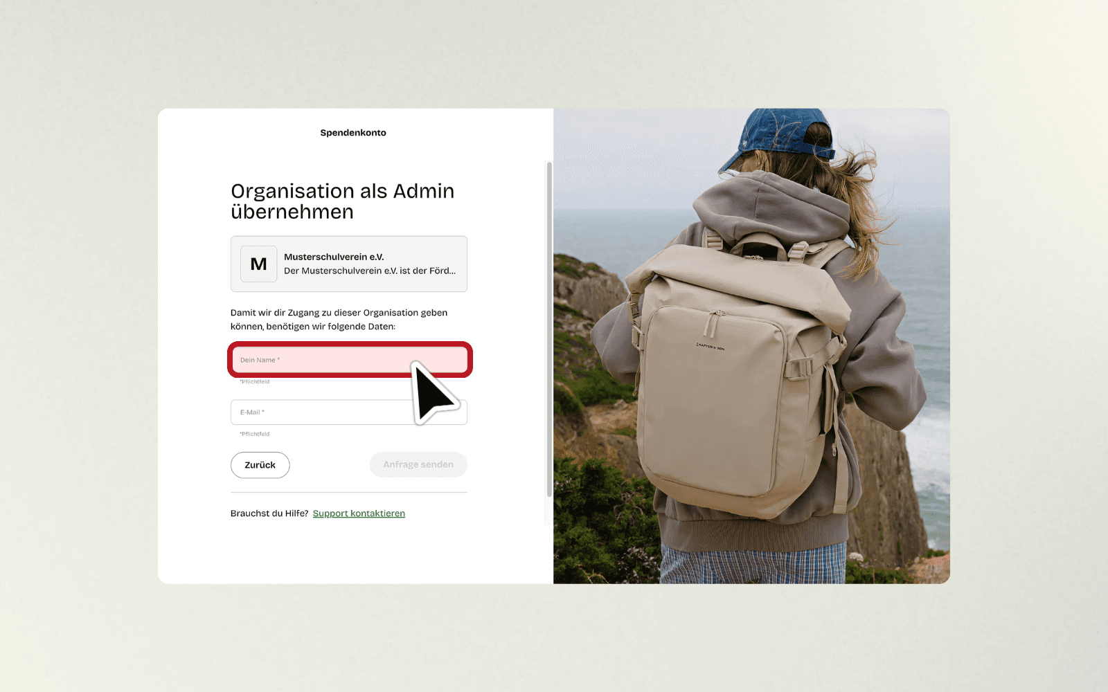 Formular zur Übernahme der Organisation mit markiertem Namensfeld.