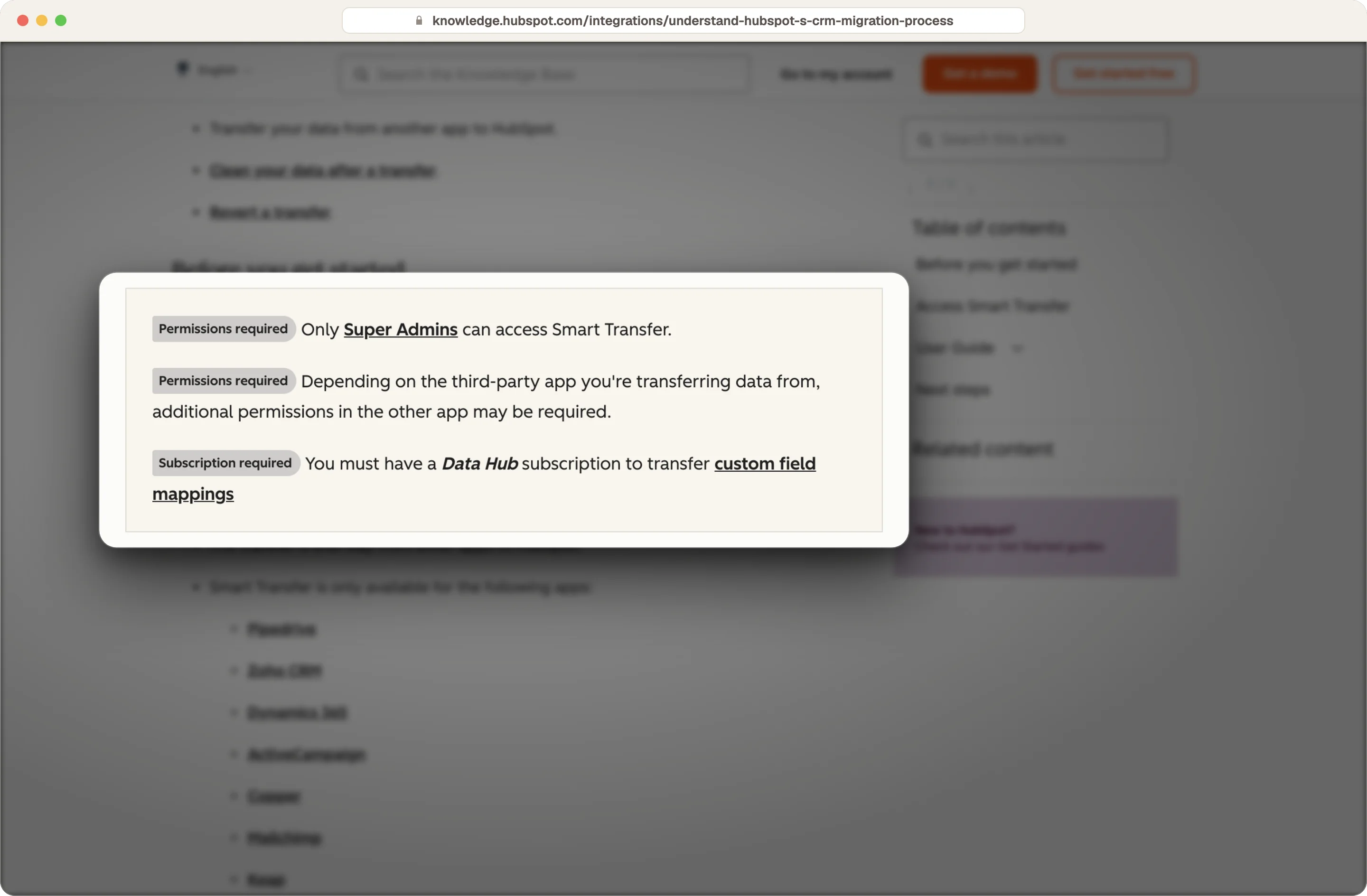 HubSpot Smart Transfer requirements: Super Admin access, and Data Hub for custom field mappings, highlighted