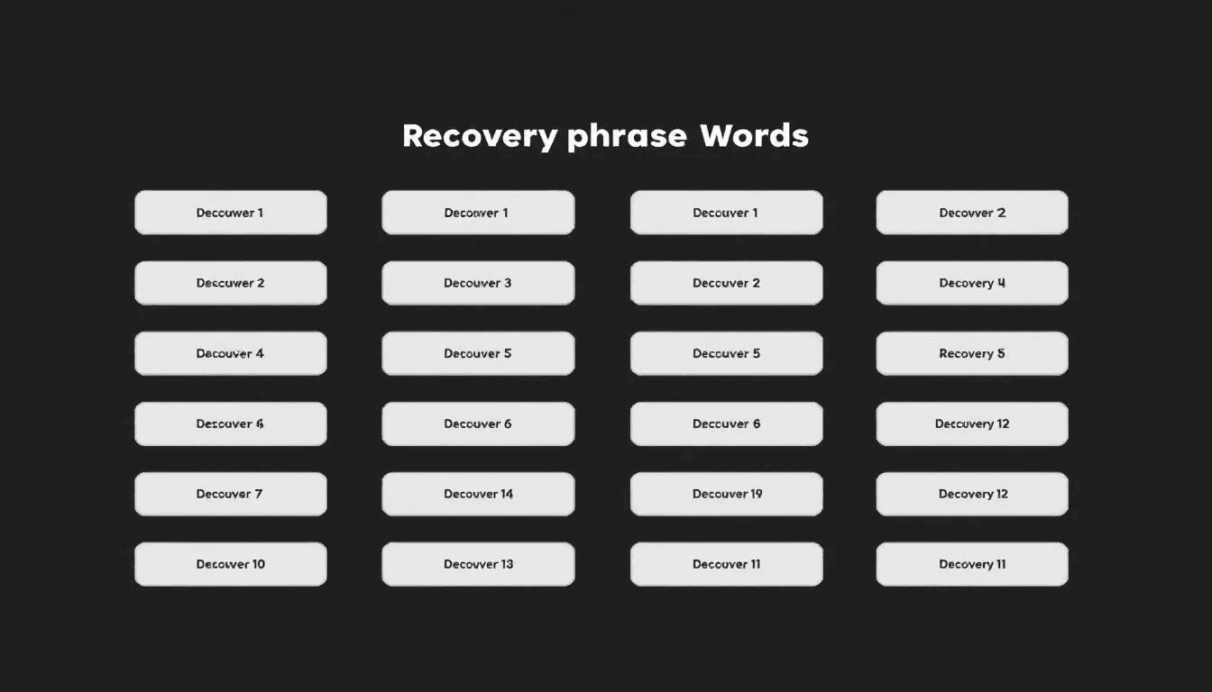 The image shows a screenshot of a wallet recovery interface with multiple input fields for entering a seed phrase, which is essential for regaining access to a crypto wallet. Users are prompted to input their unique seed phrases in the correct order to ensure the security of their digital assets.