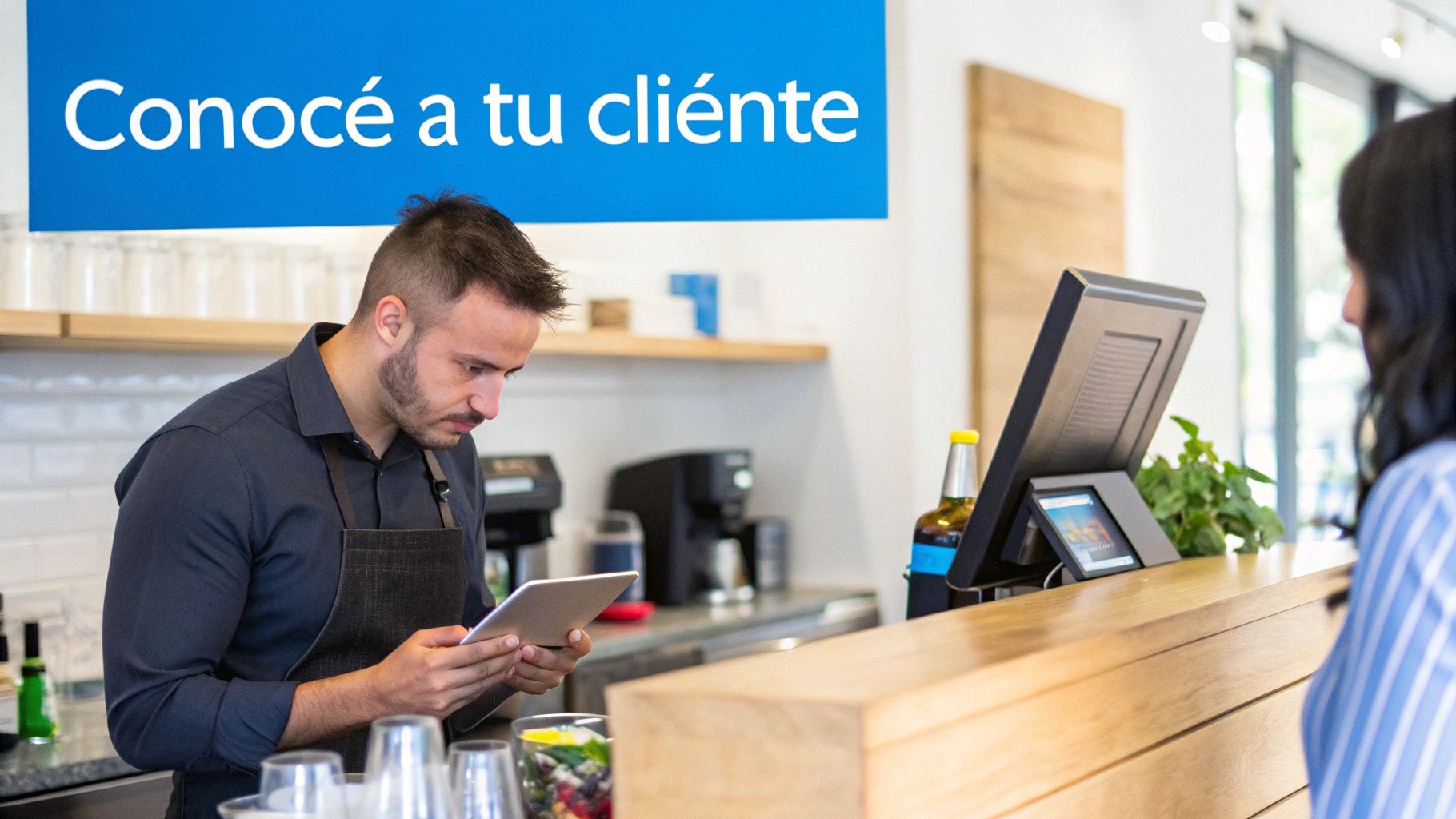 Un barista usa una tablet en un mostrador de cafetería con un letrero que dice 'Conocé a tu cliente'.