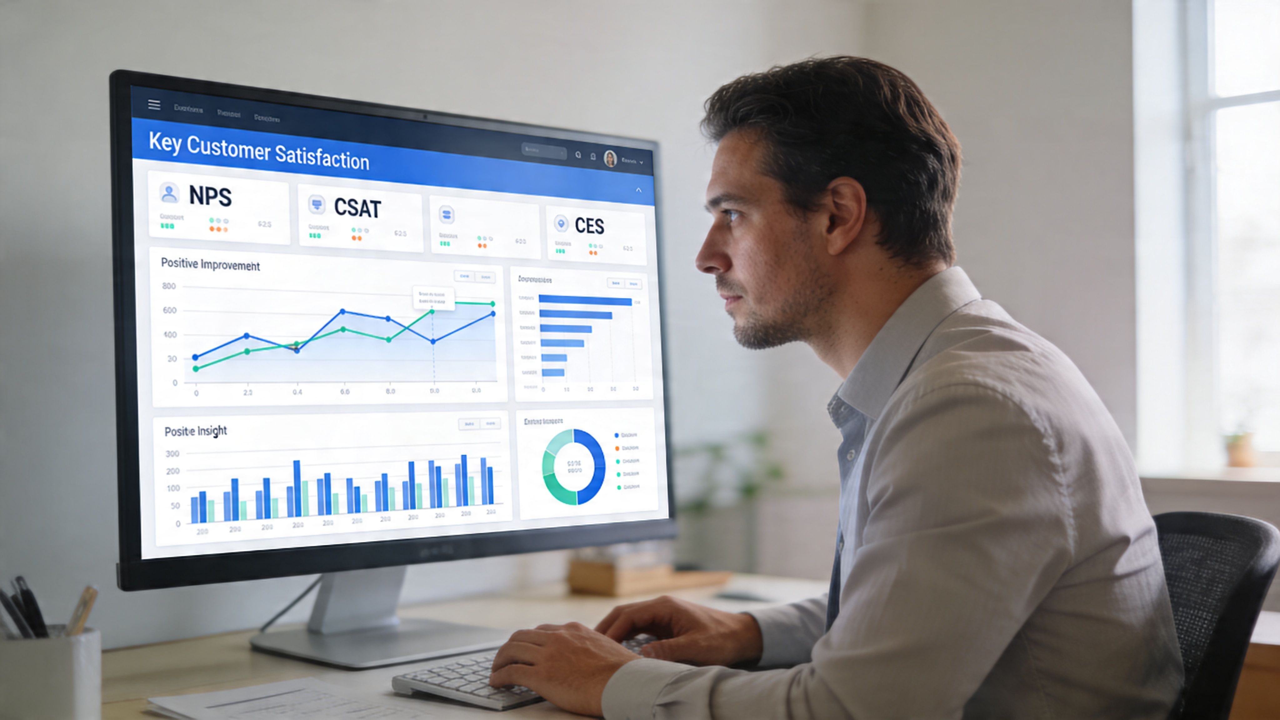 A professional man analyzing customer satisfaction data and analytics charts on a large computer monitor in an office.