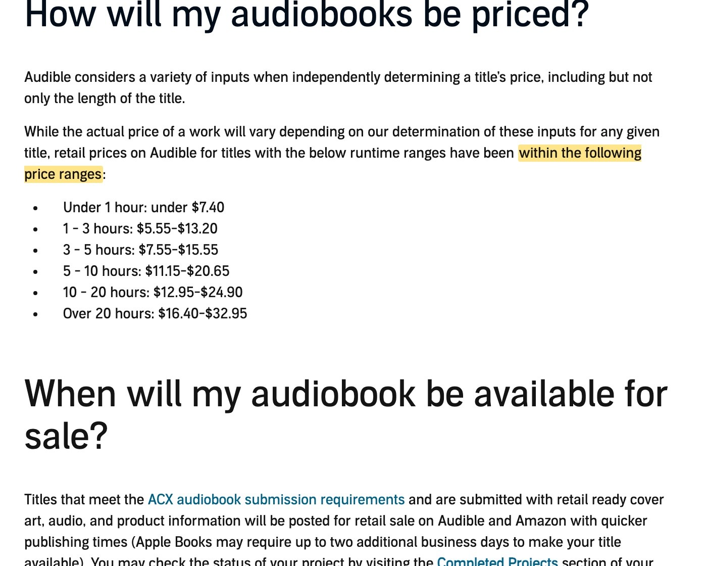 ACX’s help page listing Audible price ranges by runtime