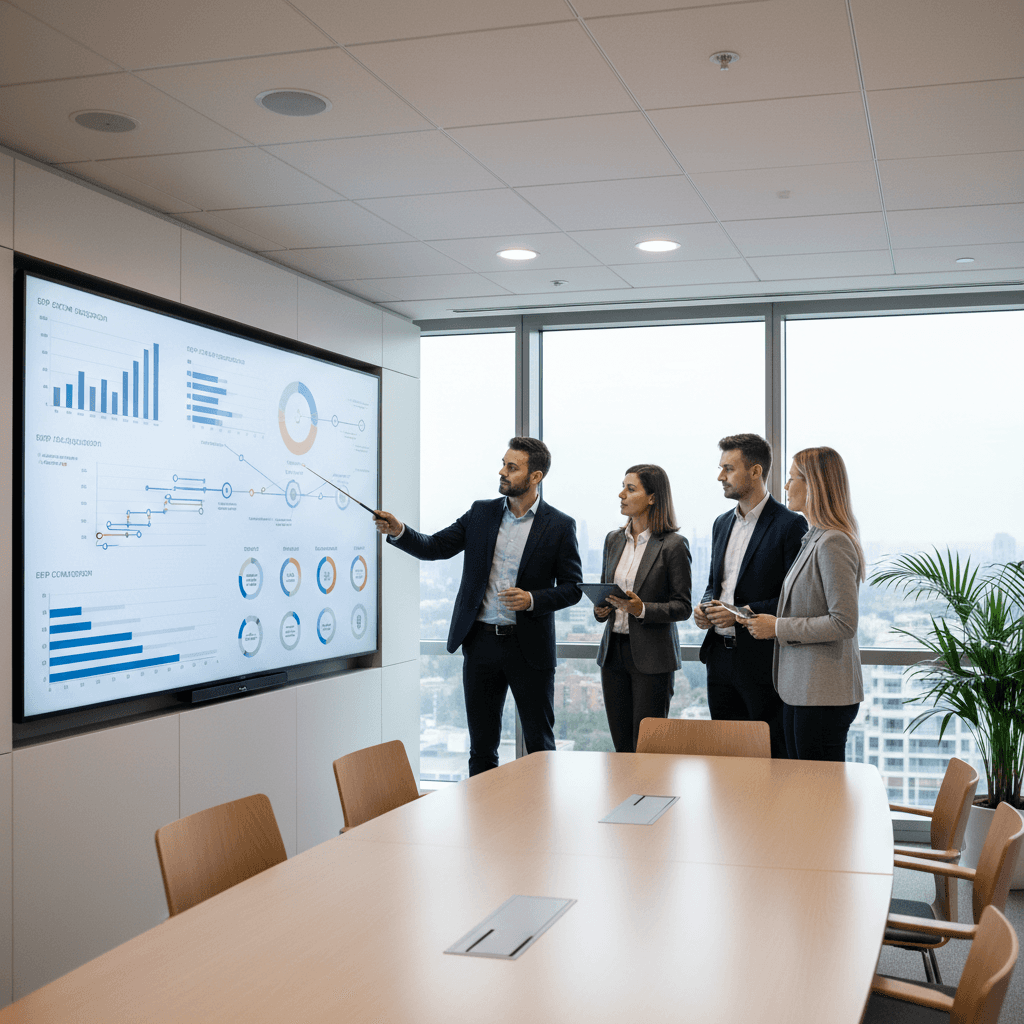 Leadership team reviewing an ERP CRM integration implementation roadmap on a large screen
