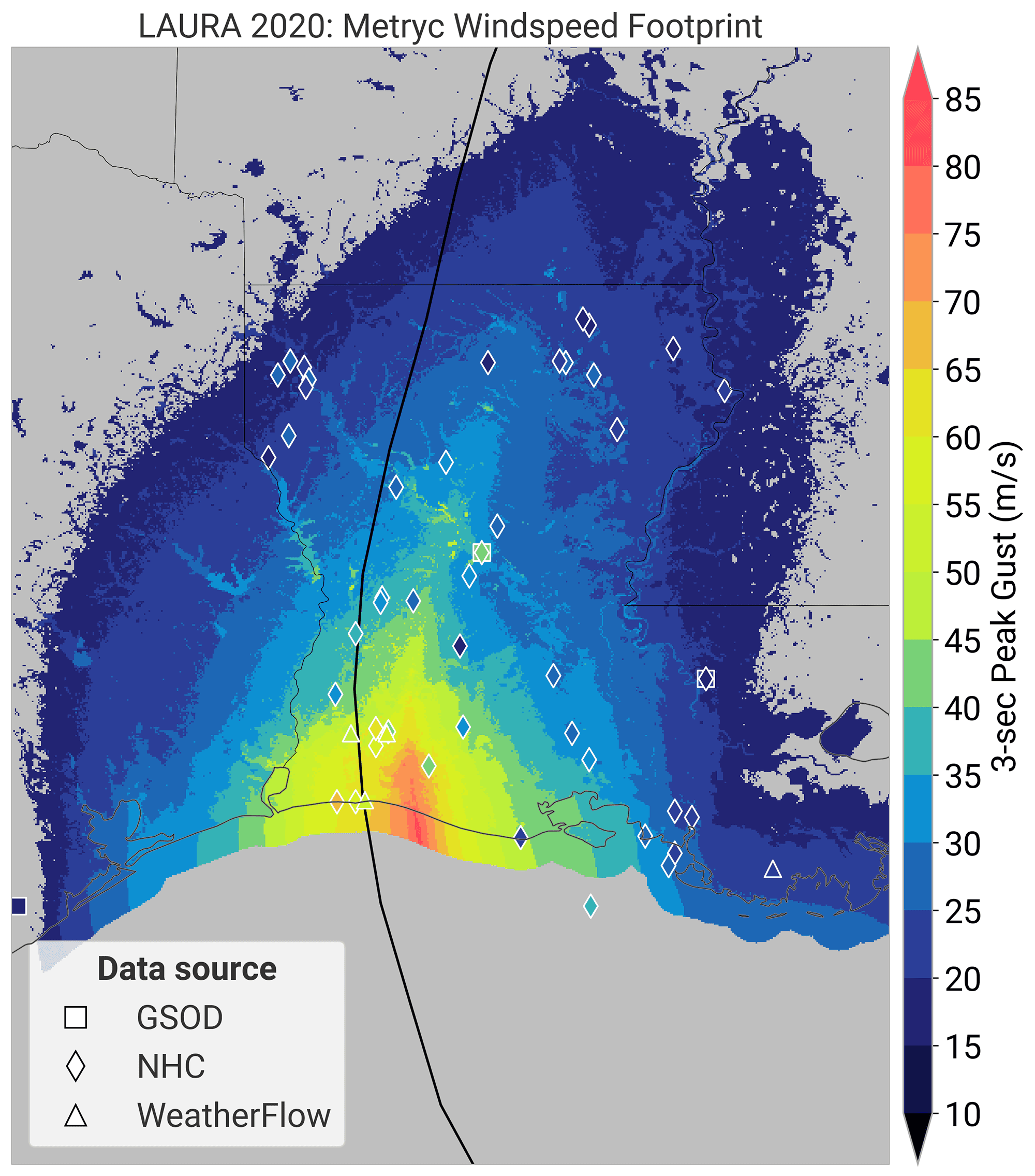 Hurricane Laura (2020) gust footprint