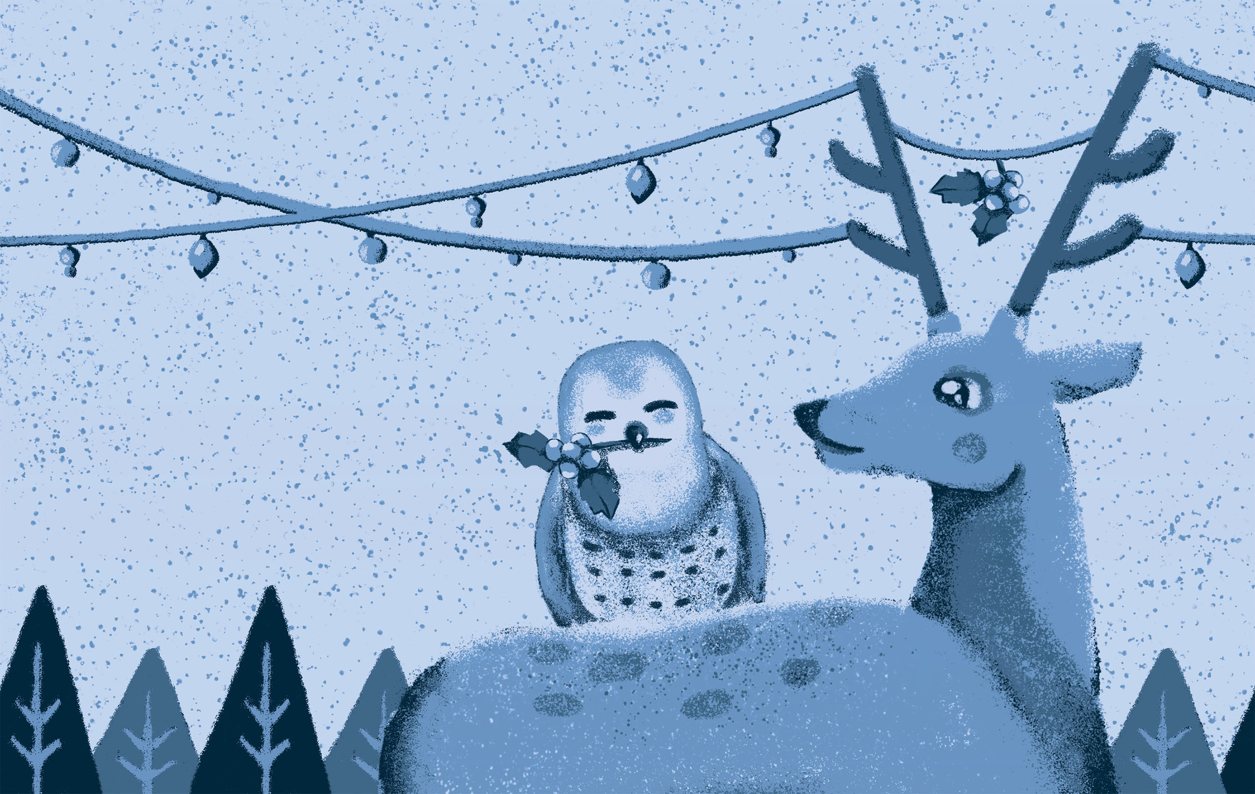 An owl and reindeer with mistletoes