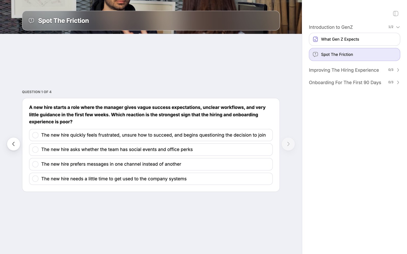 The finished course in the Re-skill learner player: a quiz question from Managing Gen Z Hiring, with the course outline beside it.