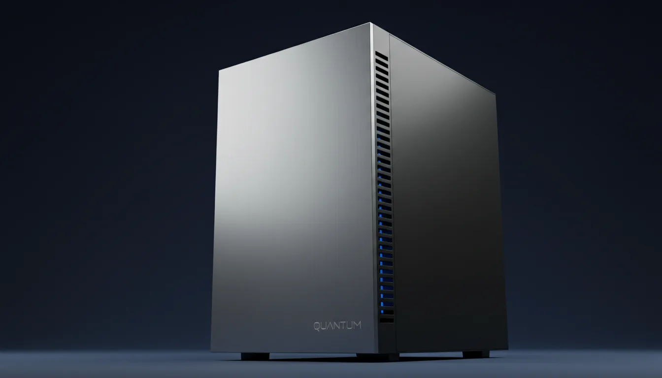 Commercial product photography of a minimalist, high-performance workstation PC tower, low-angle three-quarters view. The tower features a sleek, brushed silver-gray metal front panel and a matte dark charcoal side panel, with a vertical row of ventilation slots along the front edge. Shot on a DSLR against a clean, solid, dark navy blue studio backdrop, with soft studio lighting that elegantly highlights the metallic textures. Sharp focus, professional grade.