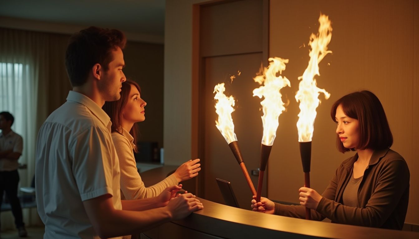 A casually dressed couple stands at a hotel reception, amused by a juggling receptionist reciting Shakespeare with flaming torches.