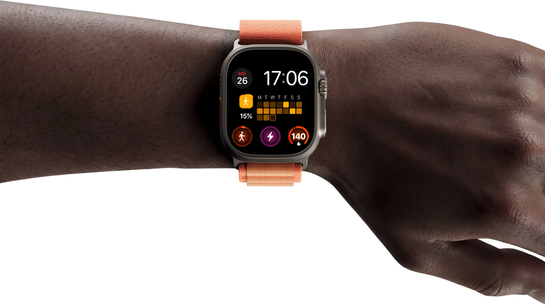 Apple Watch Ultra on a wrist showing the FitWoody complications for goals, workouts and heart rate