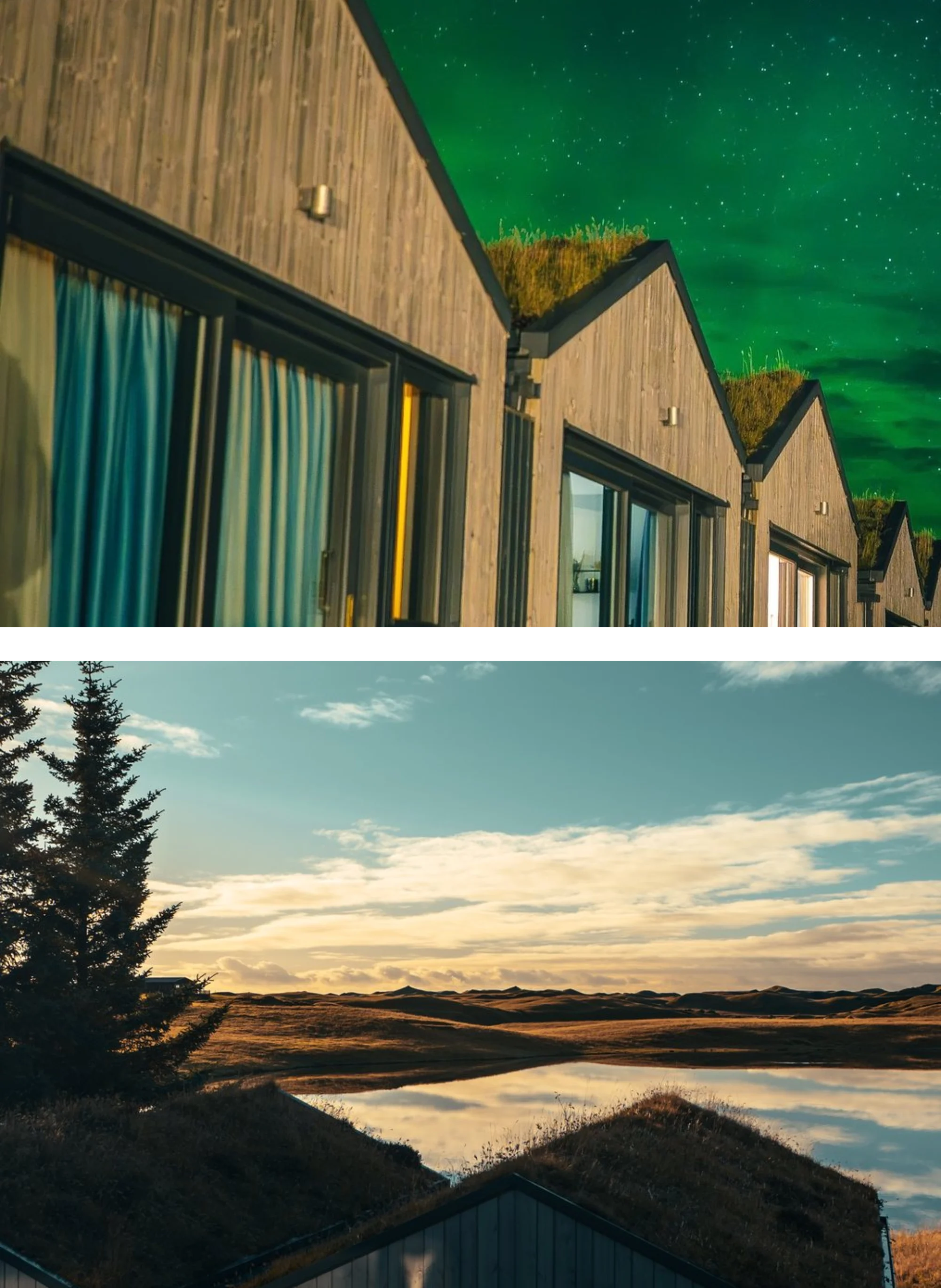 String lights through autumn trees above timber seats by the lake at Magma, and a sunset over the lake seen through a cabin's floor-to-ceiling windows