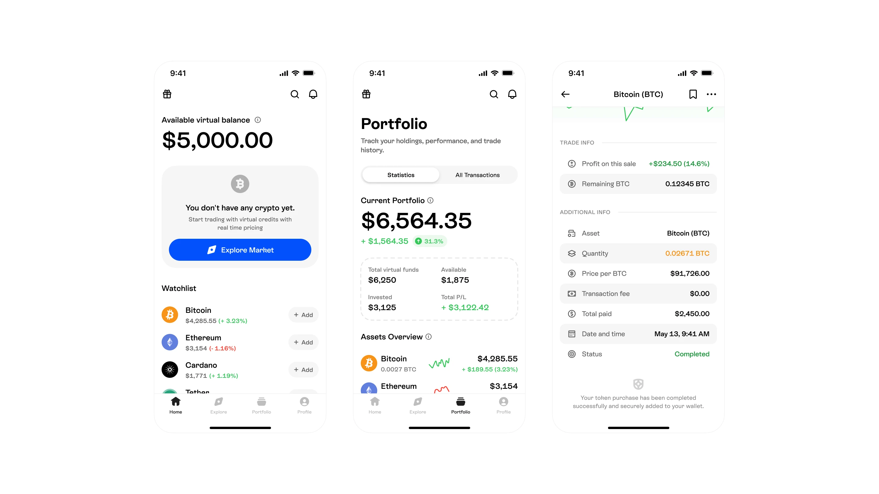 Cryptocurrency wallet app interface showing portfolio, assets, and transaction details