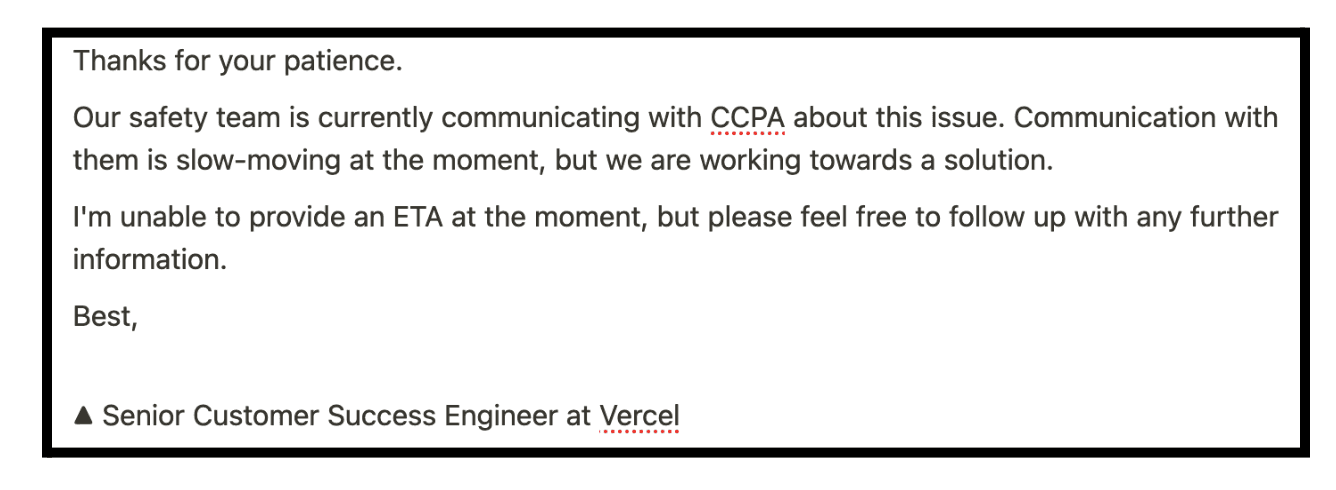 Screenshot showing a response from 2023 from hosting platform, Vercel, who is hosting an unresponsive site posting material for spam and targeting.