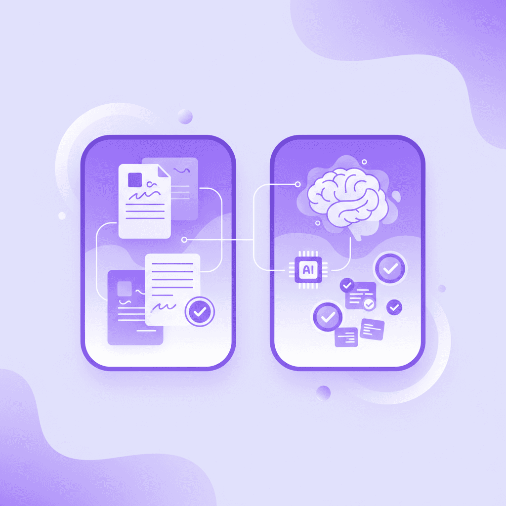 Comparing a handwritten digital notebook to an AI flashcard generation tool on an iPad screen