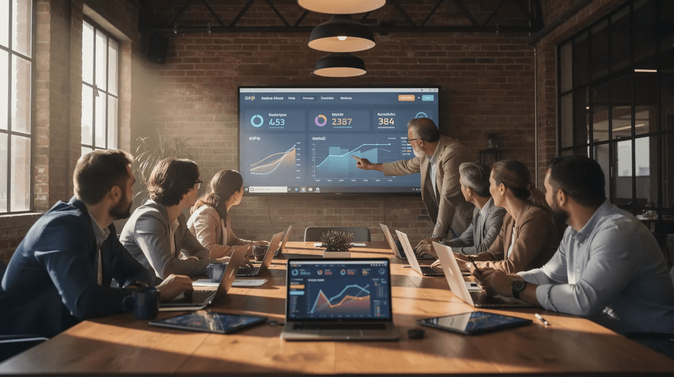 En la imagen se observan varias personas en una sala de juntas industrial, revisando métricas digitales en pantallas. Están discutiendo sobre estrategias de marketing digital en Puebla, enfocándose en la calidad del contenido y los resultados de las campañas en redes sociales.