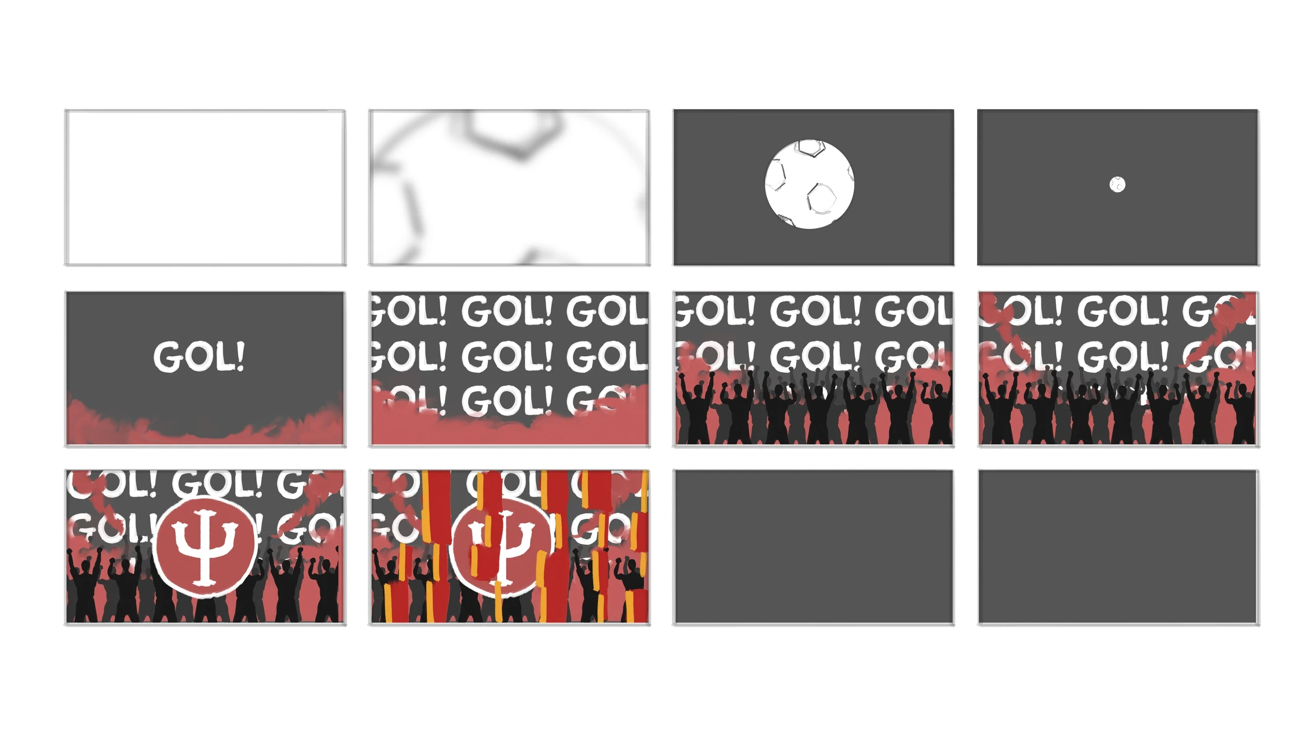 Storyboard read left to right, top to bottom: a football moves away from the viewer, followed by GOL lettering, a cheering crowd, Rádio Inferno’s icon and a transition back to the broadcast.