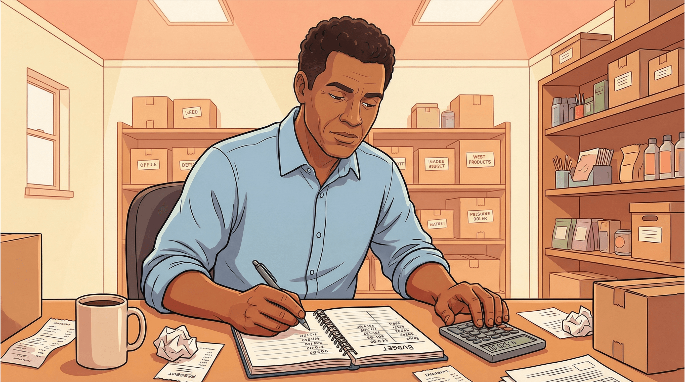 Illustration eines selbstbewussten Kleinunternehmers in seinem Büro, der das Werbebudget in einem Notizbuch überprüft und einen Taschenrechner verwendet, mit Lagerregalen im Hintergrund, die Finanzplanung und Kostenkontrolle für Facebook-Werbung vermitteln.