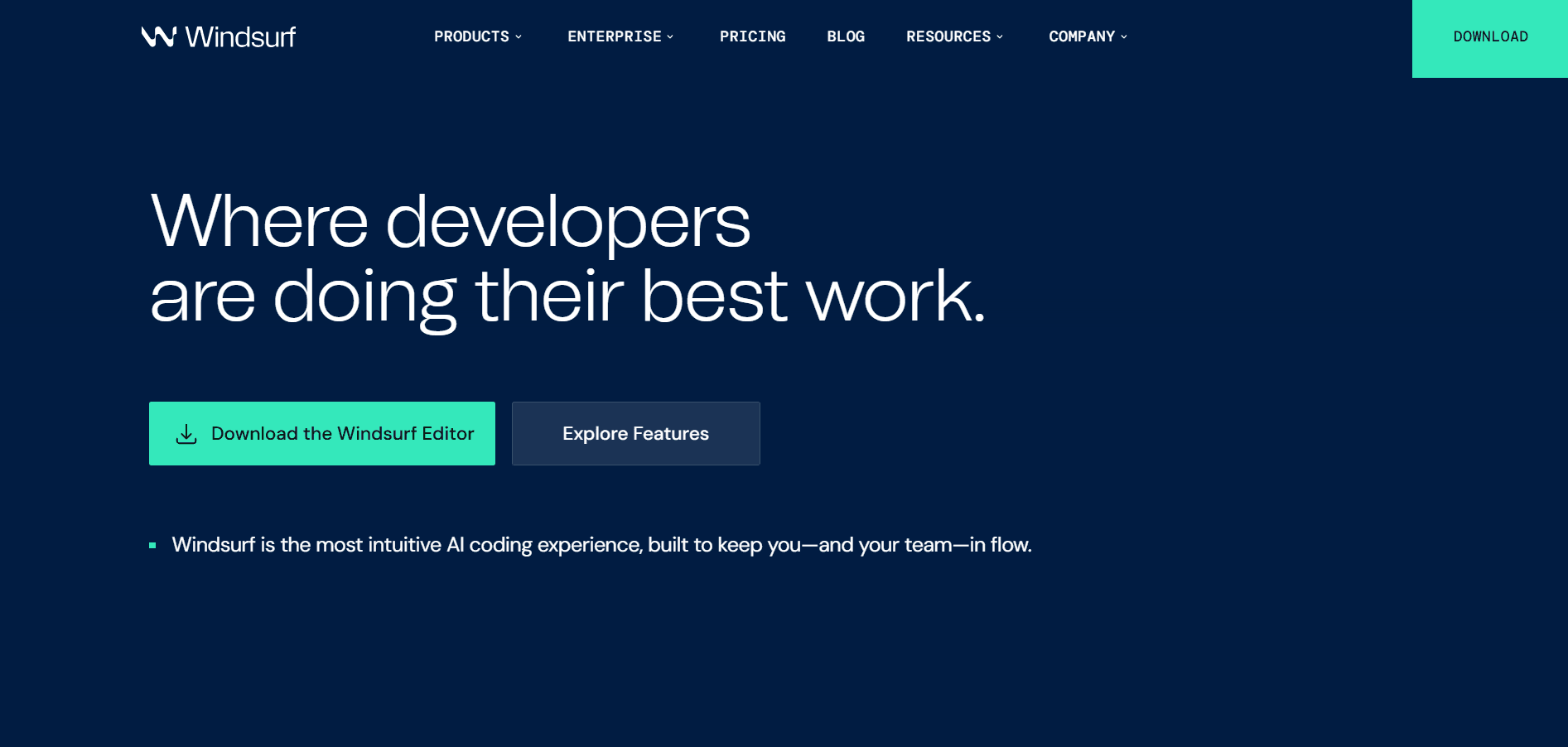 Windsurf homepage featuring dark blue UI and "Where developers are doing their best work" headline.