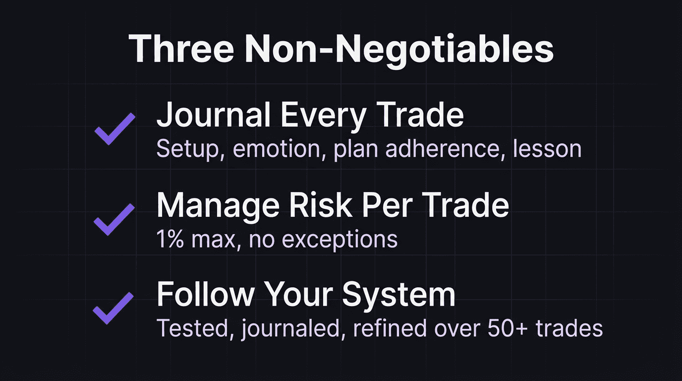 Checklist showing three non-negotiable trading habits: journal every trade, manage risk per trade, follow your system