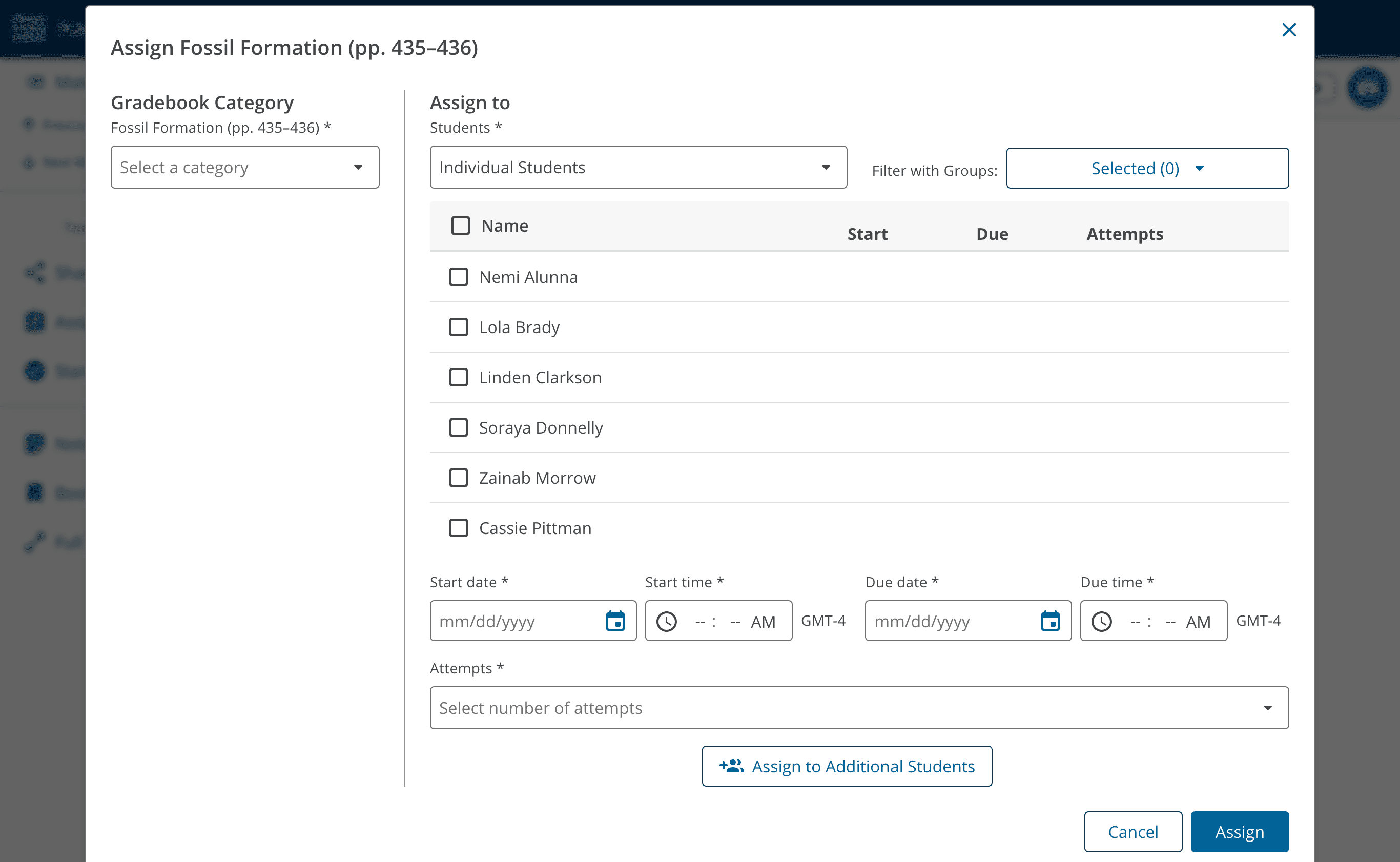 A screenshot of the final design in its intiail state that has gradebook categories on the left, and on the right has a dropdown that is selected to individual students showing a list of all students, a start date and time, a due date and time, and number of attempts