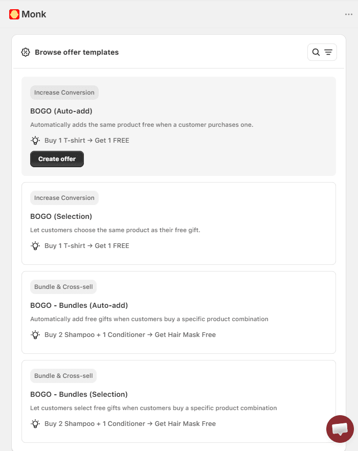 Create a BOGO offer for your Shopify store quickly using templates from Monk free Gift