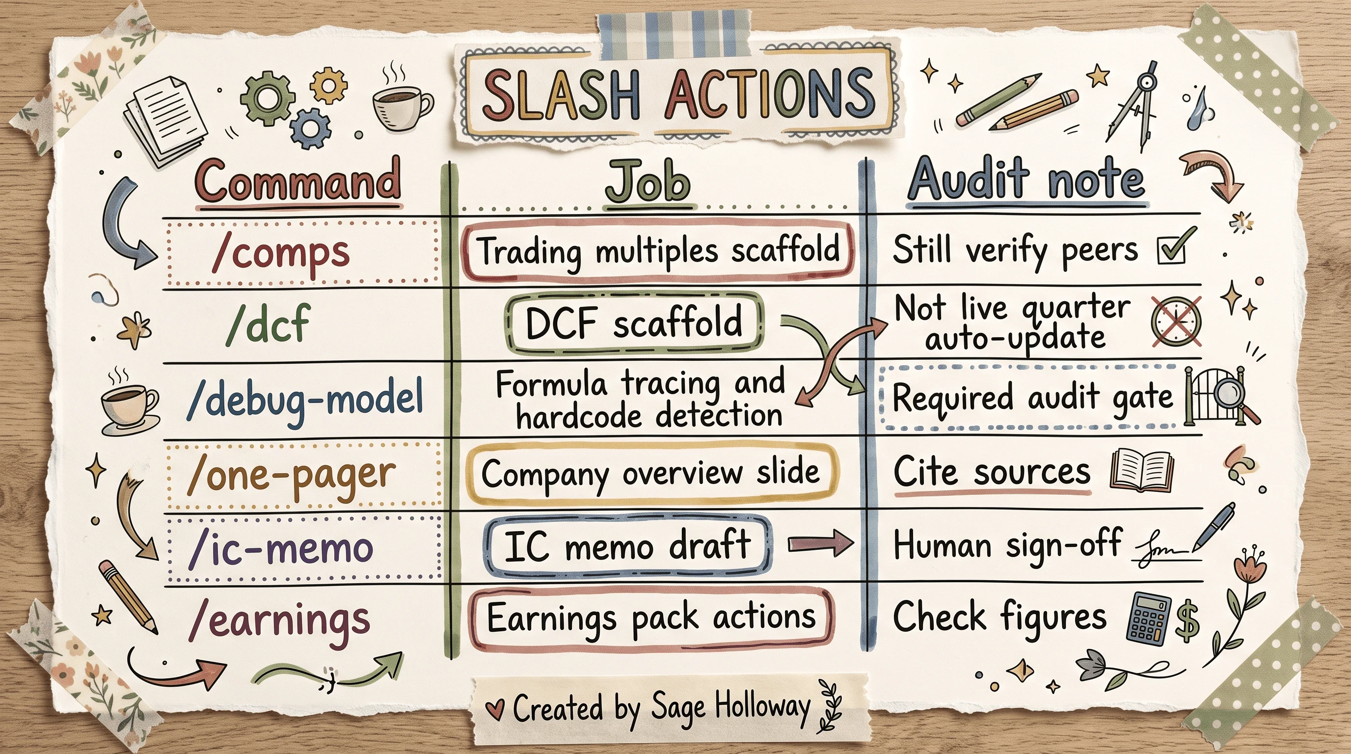 Table of Claude finance slash commands for comps, DCF, debug, memos, and earnings