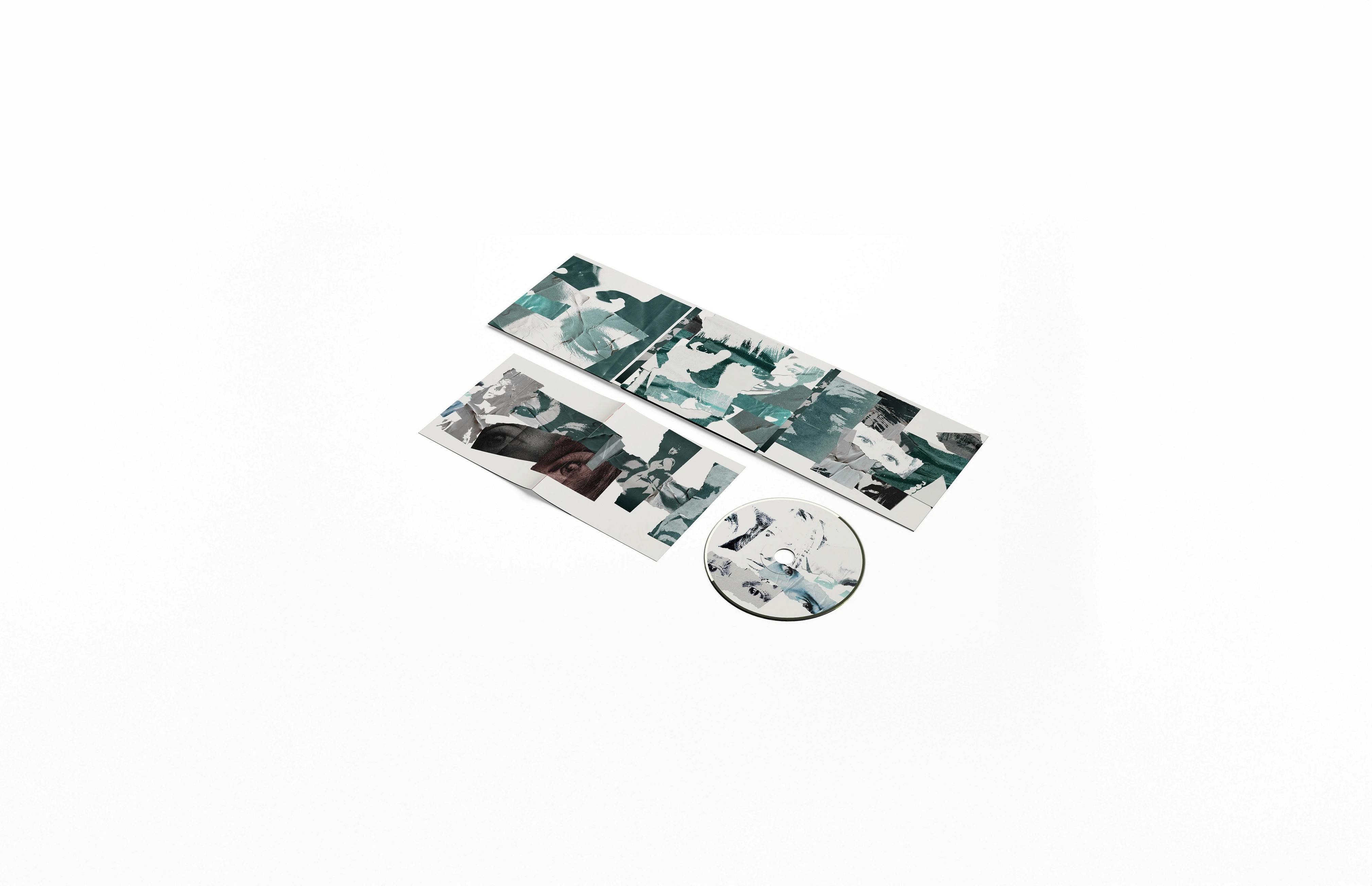 CD artwork featuring fragmented, abstract portraits in muted tones of teal, grey, and off-white. The layout includes a printed disc, a folded cover, and liner notes—each layered with collaged faces and textured brushwork. The overall mood is introspective and cinematic, evoking memory, identity, and visual storytelling.