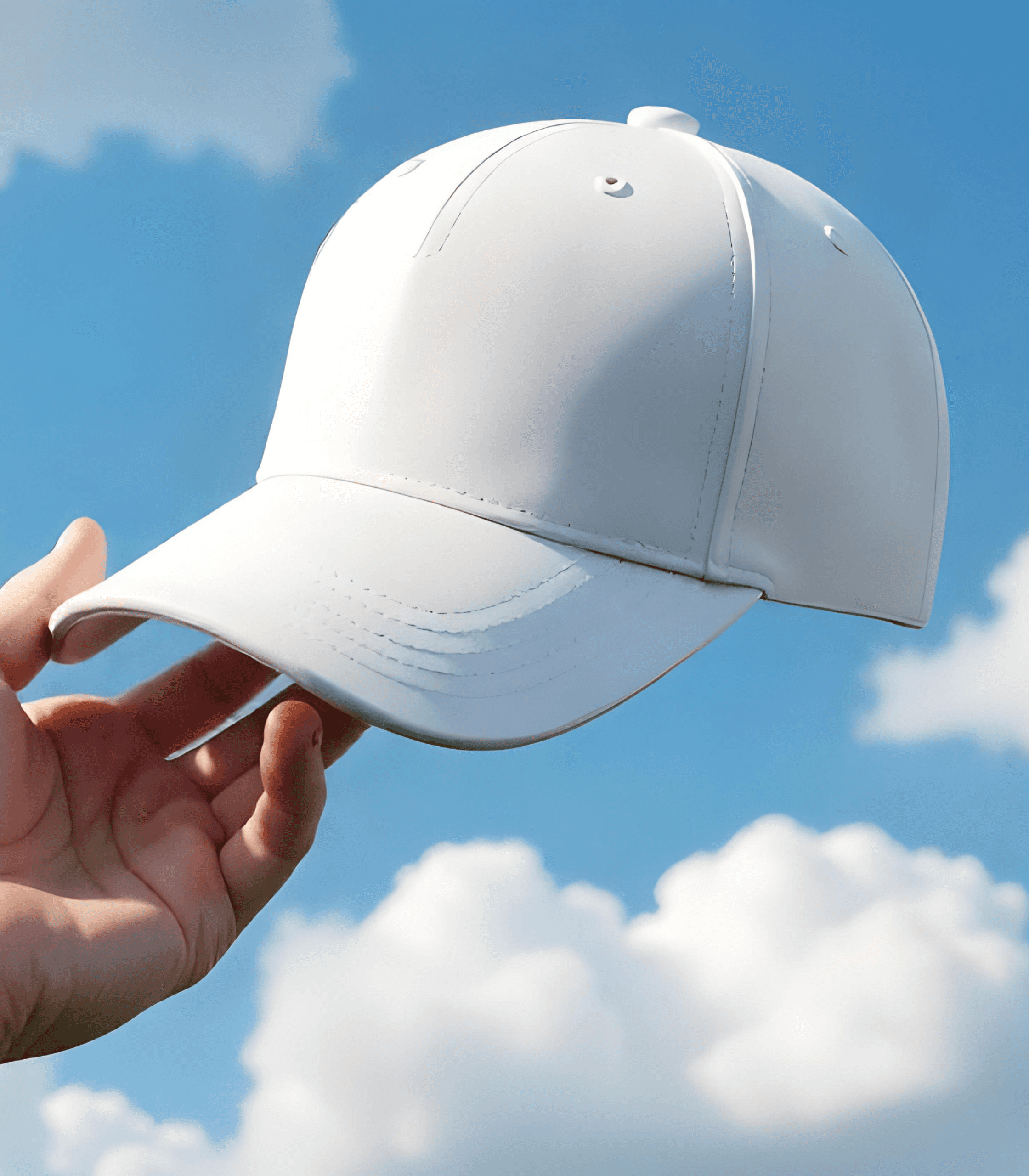 A plain white baseball cap held against a bright blue sky.