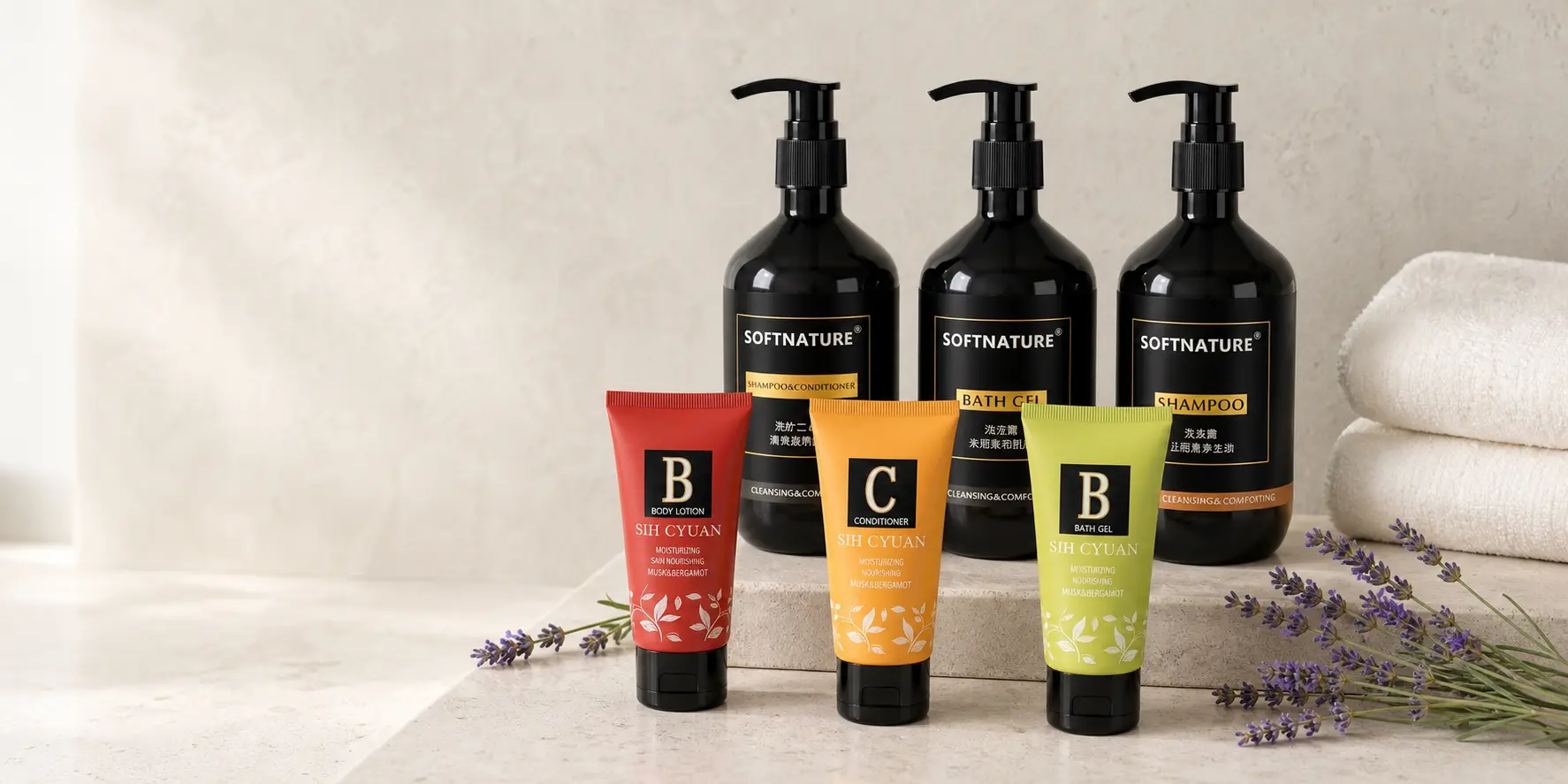 A collection of Jiah Group's eco-friendly multi-functional cleaners and soap dispensers for commercial use