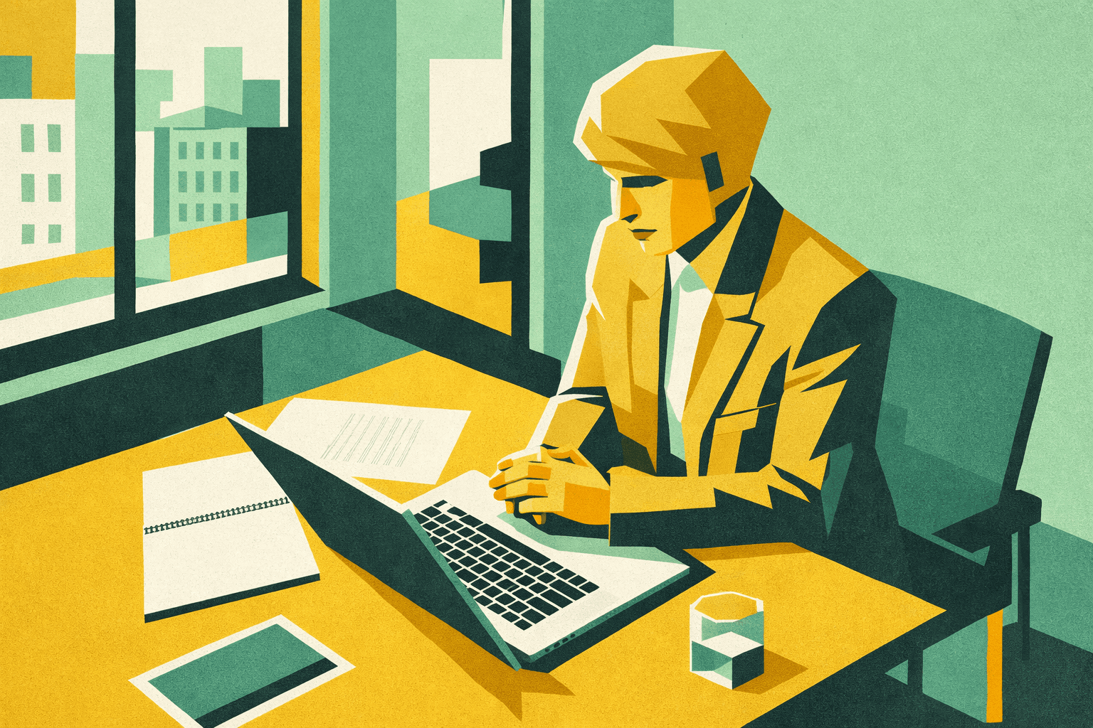 Professionista seduto alla scrivania riflette davanti al laptop, fase di stallo e ricerca di significato dopo anni di carriera.