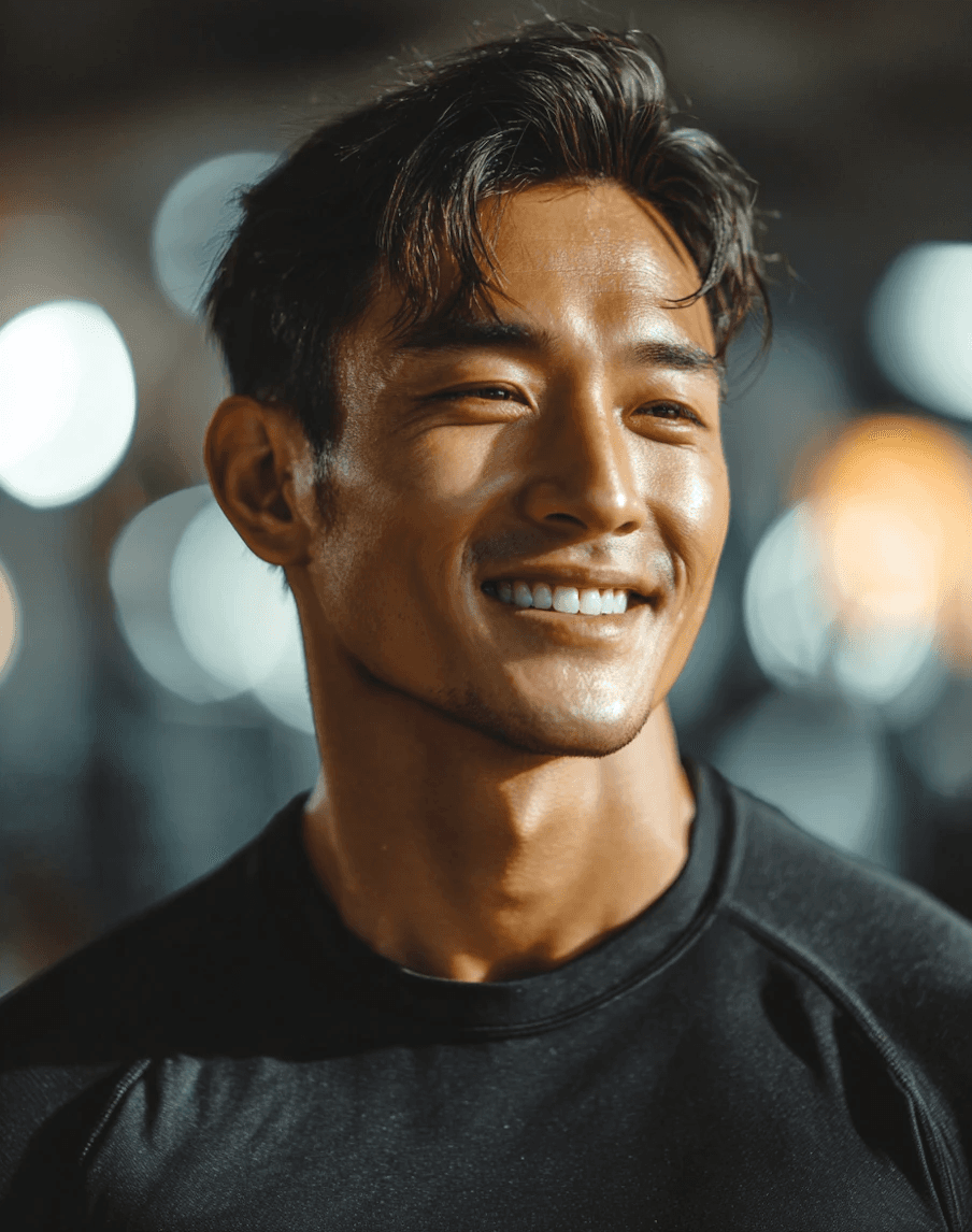 Close-up of smiling young Asian man with bright wide smile.