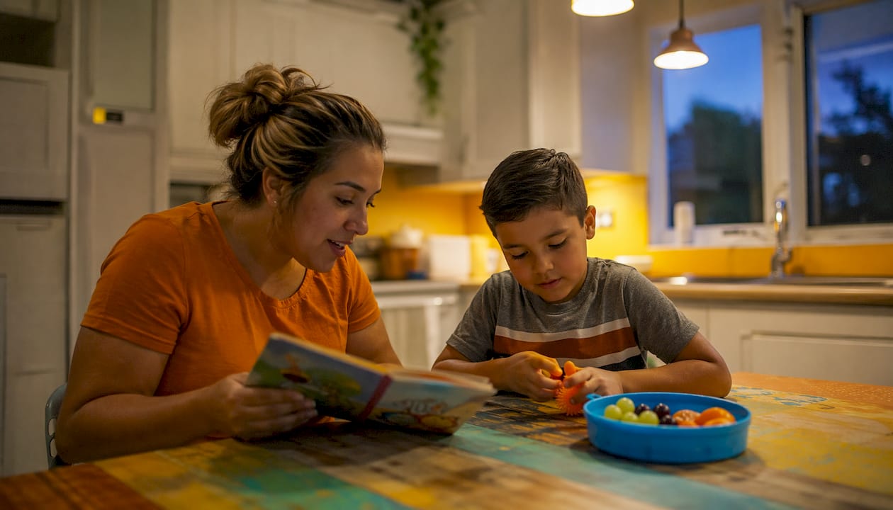 Mother reading with her son at the kitchen table in the evening, an everyday moment of connection for families navigating autism and ADHD
